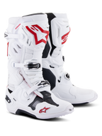 Botas Alpinestars Tech 10 Supervented, botas de motocross, brancas e vermelho vibrante, com microfibra perfurada para fluxo de ar, logótipos Astars vermelhos proeminentes, fechos de fivela pretos e um chassis de TPU reforçado para desempenho em todo-o-terreno
