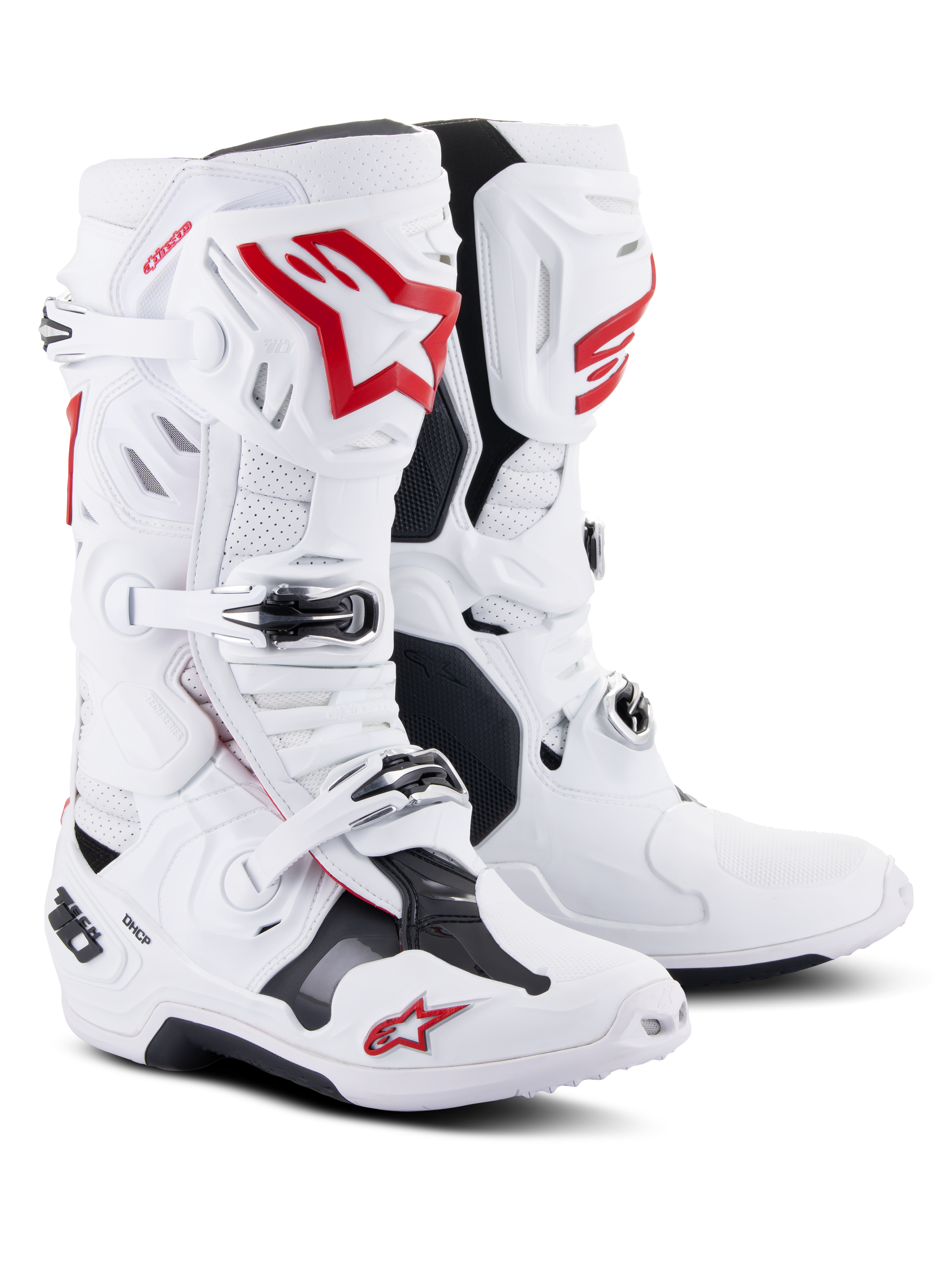 Botas Alpinestars Tech 10 Supervented, botas de motocross, brancas e vermelho vibrante, com microfibra perfurada para fluxo de ar, logótipos Astars vermelhos proeminentes, fechos de fivela pretos e um chassis de TPU reforçado para desempenho em todo-o-terreno