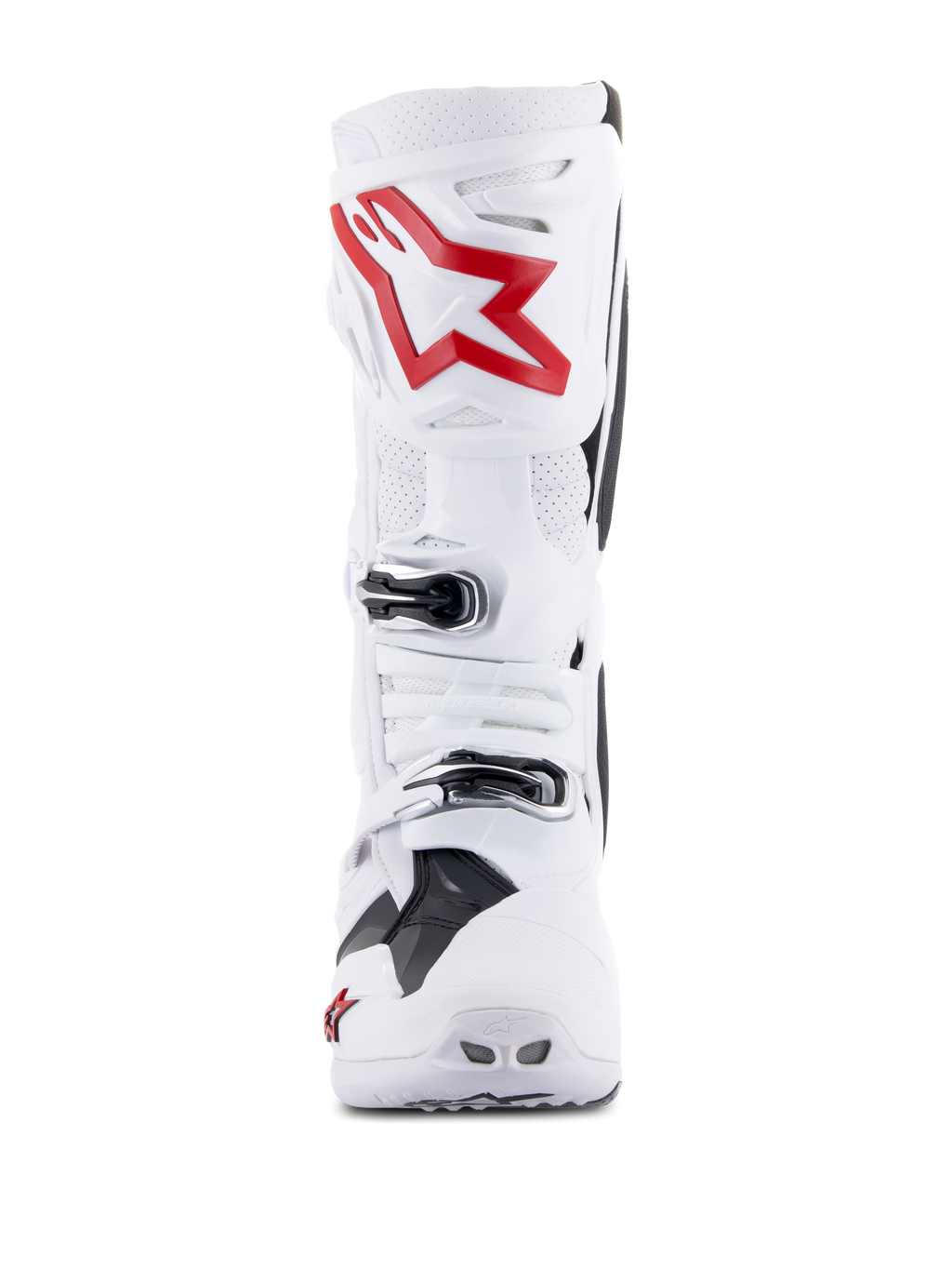 Botas Alpinestars Tech 10 Supervented, branco e vermelho brilhante, vista frontal mostrando painéis perfurados ventilados, logótipo grande de estrela vermelha na caneleira, fivelas prateadas ajustáveis e design de motocross de alta performance.