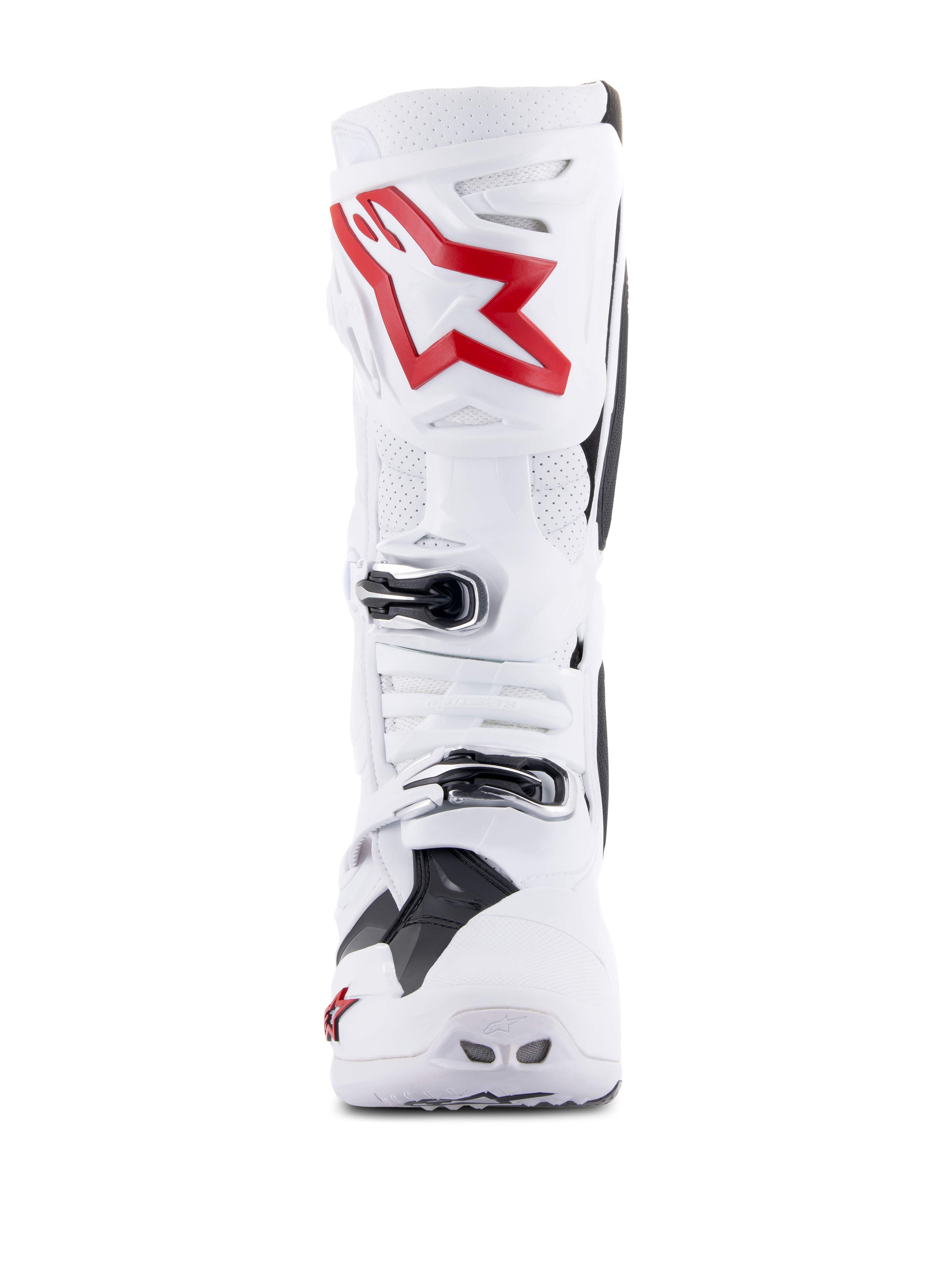 Botas Alpinestars Tech 10 Supervented, branco e vermelho brilhante, vista frontal mostrando painéis perfurados ventilados, logótipo grande de estrela vermelha na caneleira, fivelas prateadas ajustáveis e design de motocross de alta performance.