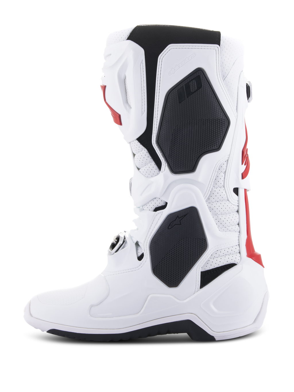 Botas Alpinestars Tech 10 Supervented, botas de motocross, brancas e vermelho vivo com detalhes pretos, vista de perfil lateral destacando a construção ventilada e a concha protetora em TPU