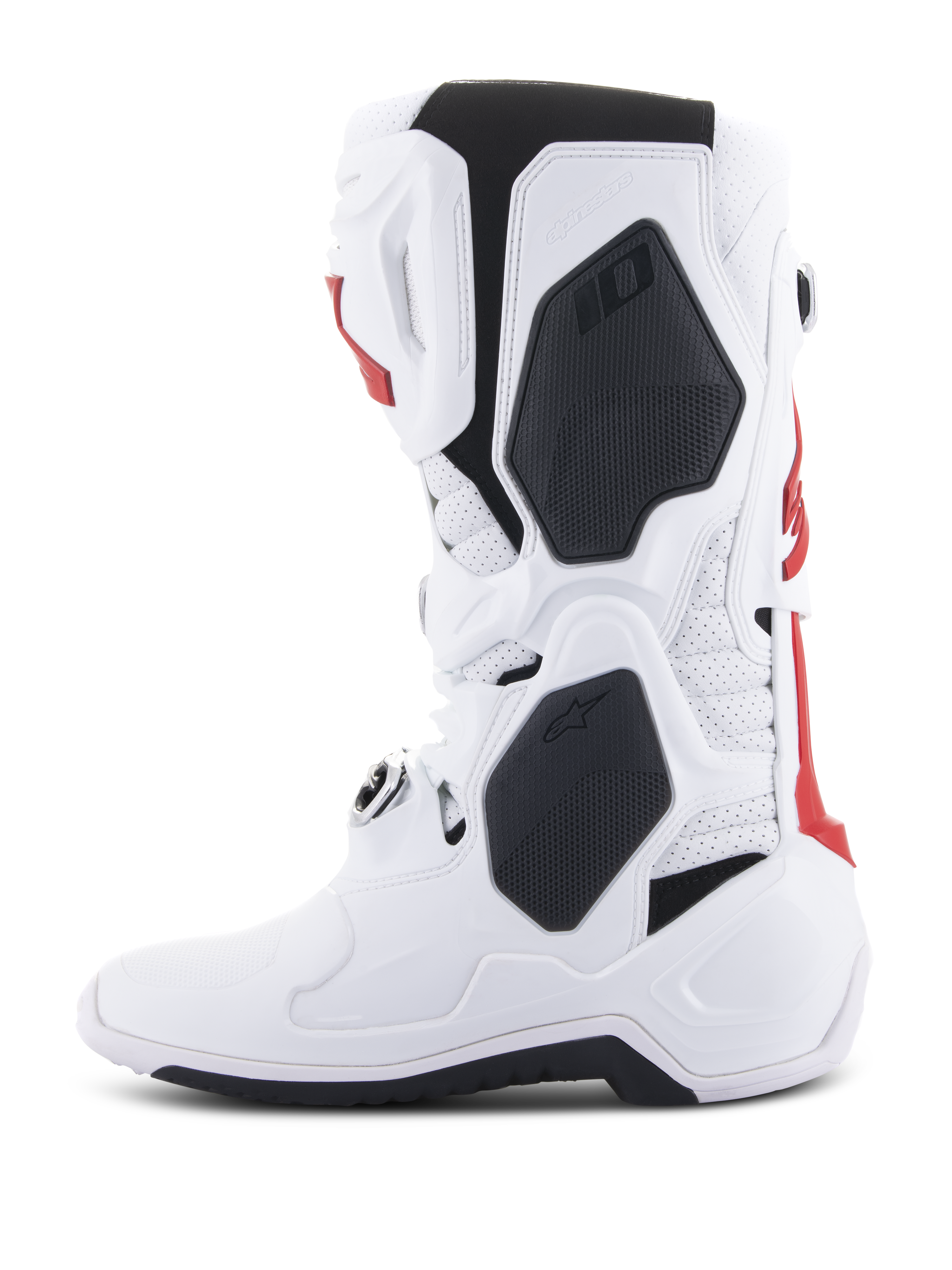 Botas Alpinestars Tech 10 Supervented, botas de motocross, brancas e vermelho vivo com detalhes pretos, vista de perfil lateral destacando a construção ventilada e a concha protetora em TPU