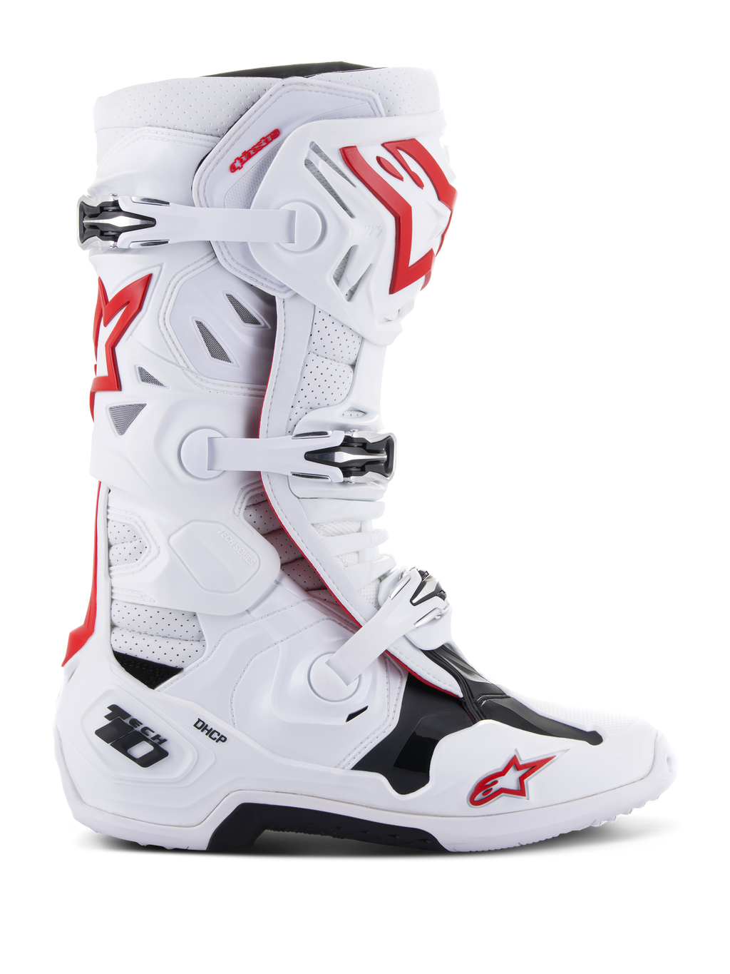 Botas Alpinestars Tech 10 Supervented, botas de corrida de motocross e todo-o-terreno, brancas, vermelhas e pretas, sistema de fecho com múltiplas fivelas, painéis de ventilação perfurados, logótipo de estrela vermelha, tecnologia DHCP, painéis de proteção reforçados, sola robusta para todo-o-terreno
