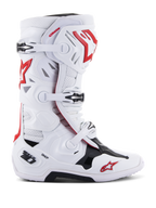 Botas Alpinestars Tech 10 Supervented, botas de corrida de motocross e todo-o-terreno, brancas, vermelhas e pretas, sistema de fecho com múltiplas fivelas, painéis de ventilação perfurados, logótipo de estrela vermelha, tecnologia DHCP, painéis de proteção reforçados, sola robusta para todo-o-terreno