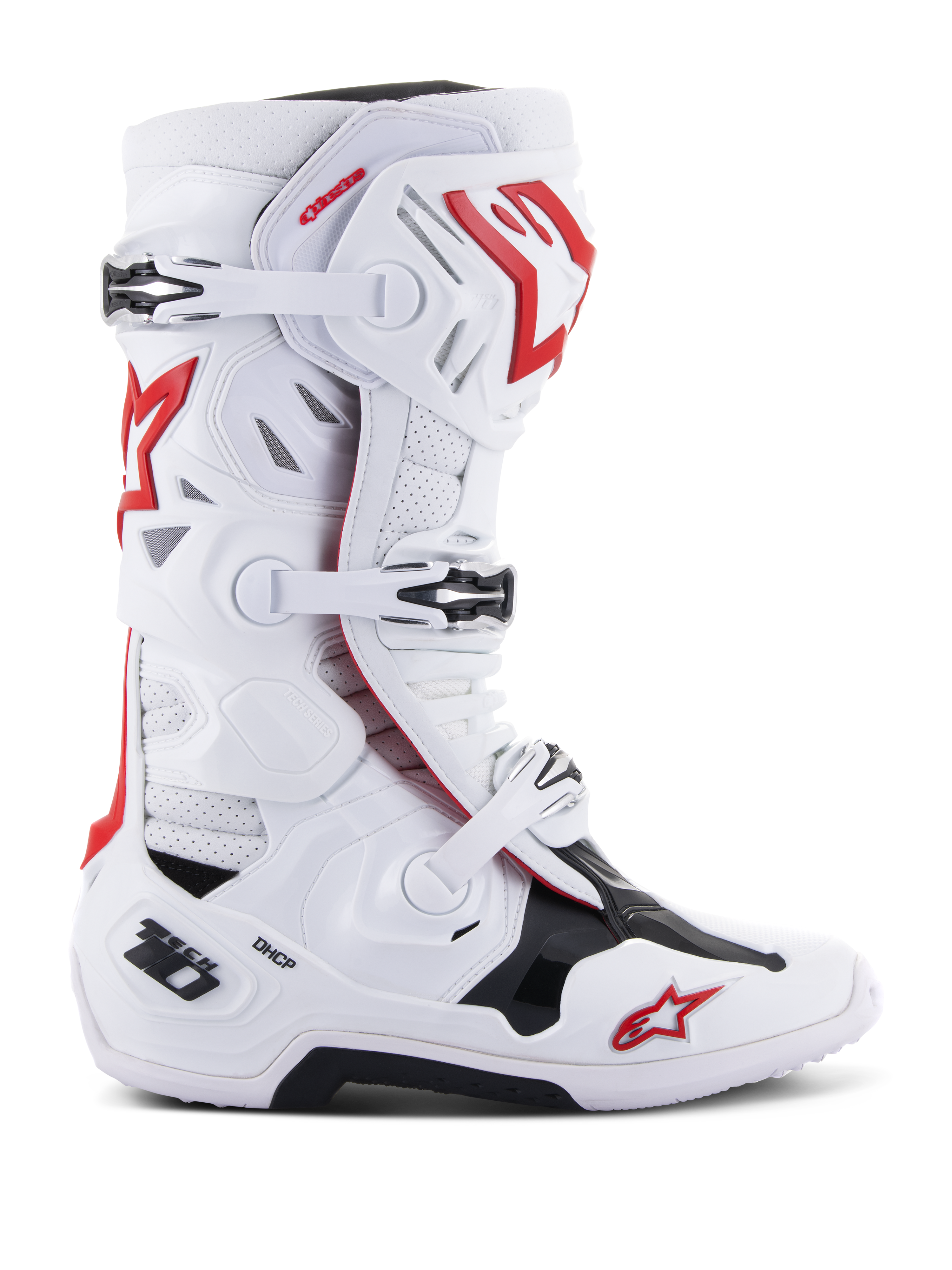 Alpinestars Tech 10 Supervented Boots, Motocross Off-Road Racing Boots, White Red Black, Multiple Buckle Closure System, Perforated Ventilation Panels, Red Star Logo, DHCP Technology, Reinforced Protection Paneling, Rugged Off-Road Sole