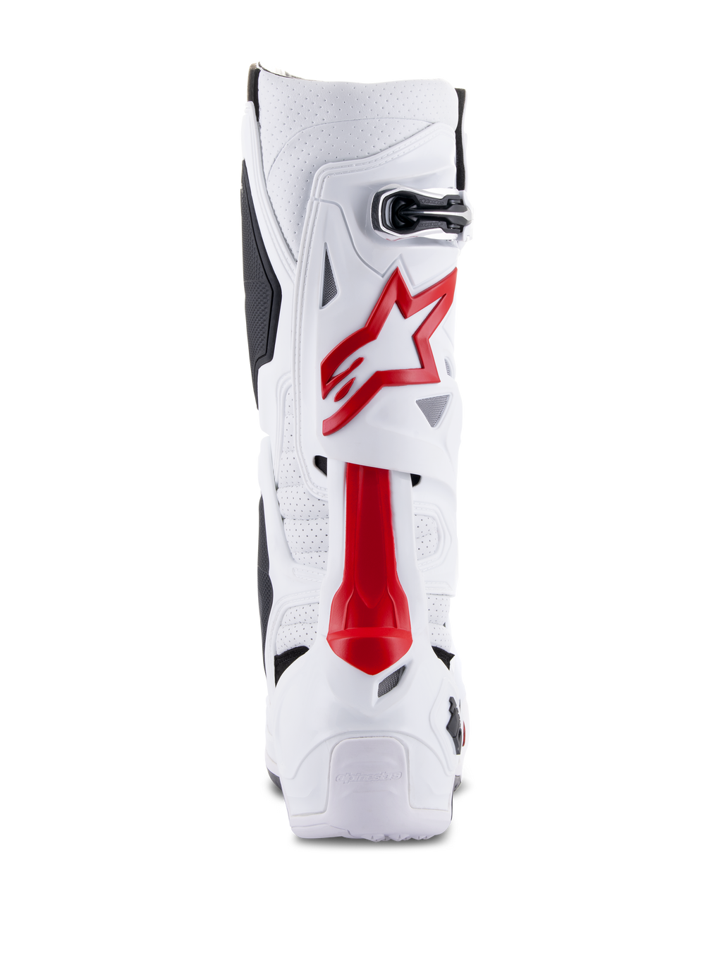 Botas Alpinestars Tech 10 Supervented, botas de motocross, brancas e vermelho brilhante, vista traseira mostrando a microfibra ventilada, o logótipo de estrela vermelha e a concha em TPU reforçada para desempenho todo-o-terreno