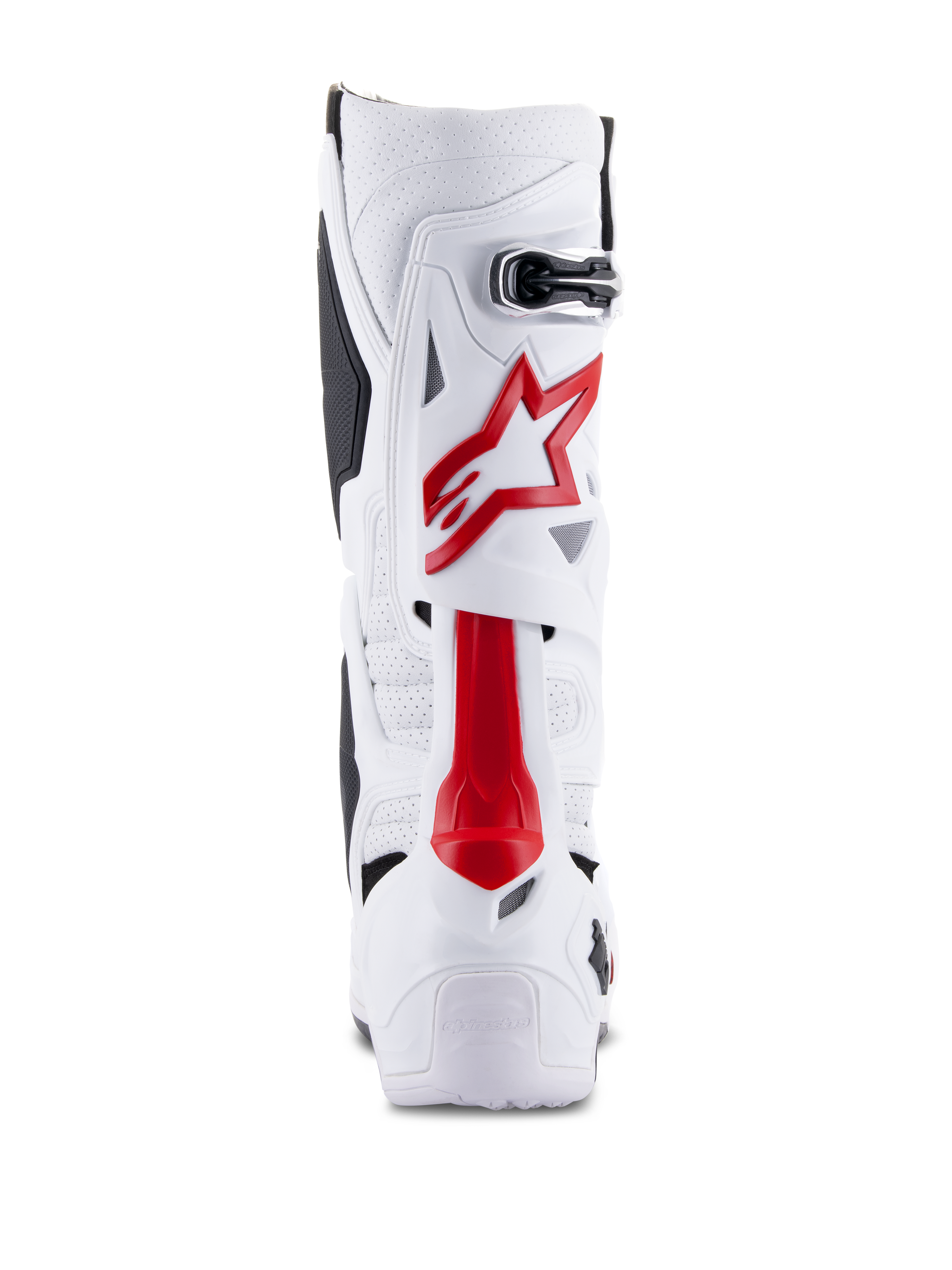Botas Alpinestars Tech 10 Supervented, botas de motocross, brancas e vermelho brilhante, vista traseira mostrando a microfibra ventilada, o logótipo de estrela vermelha e a concha em TPU reforçada para desempenho todo-o-terreno