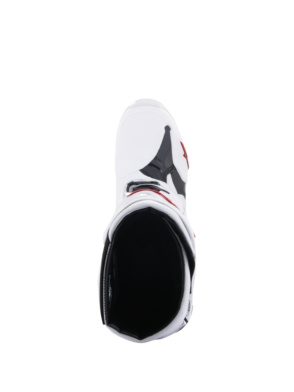 Botas Alpinestars Tech 10 Supervented, botas de motocross, branco e vermelho vivo, vista de cima mostrando o forro interior em malha e a construção superior ventilada, equipamento de competição todo-o-terreno de alta performance