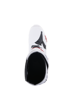 Botas Alpinestars Tech 10 Supervented, botas de motocross, branco e vermelho vivo, vista de cima mostrando o forro interior em malha e a construção superior ventilada, equipamento de competição todo-o-terreno de alta performance