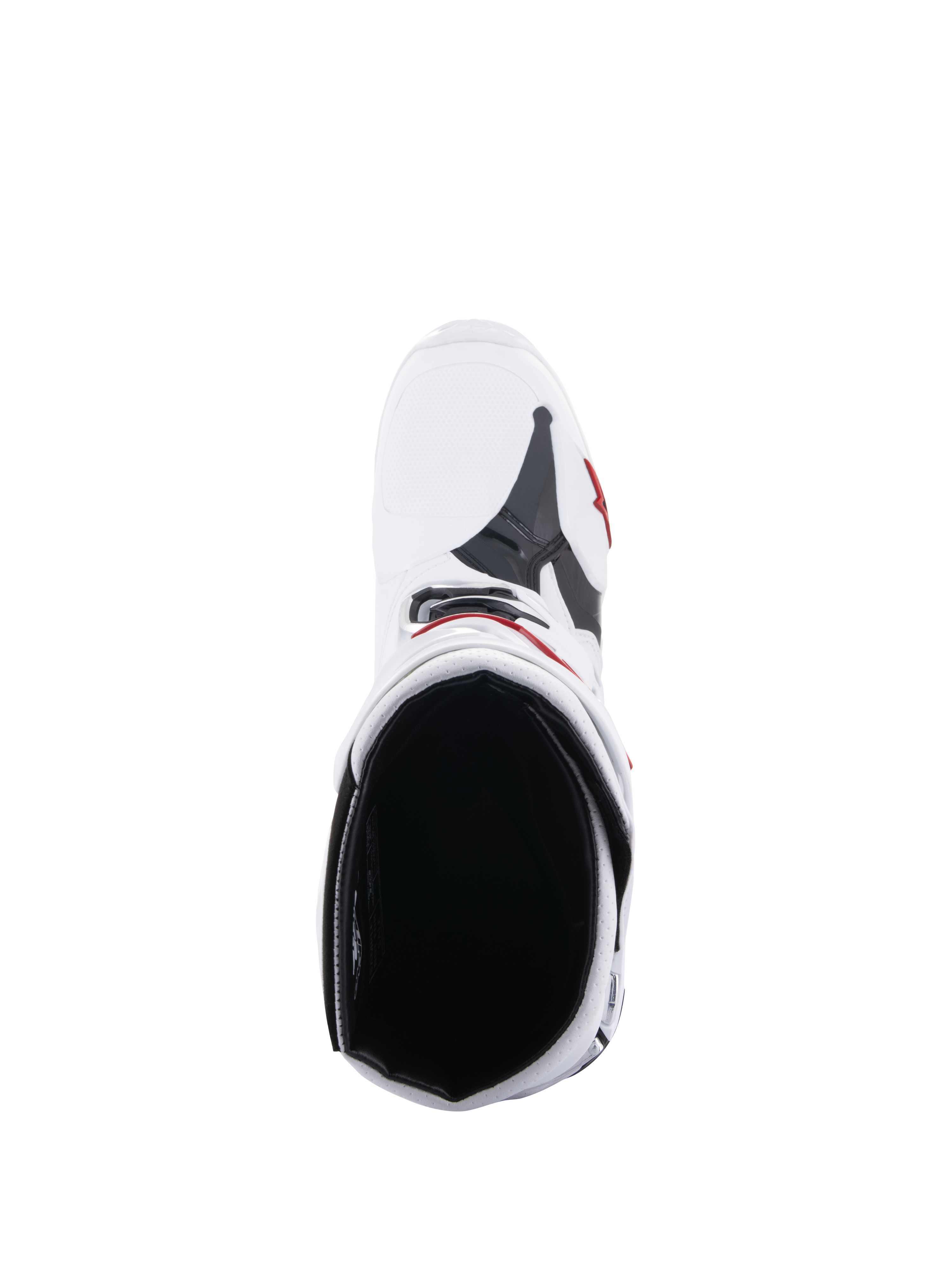 Botas Alpinestars Tech 10 Supervented, botas de motocross, branco e vermelho vivo, vista de cima mostrando o forro interior em malha e a construção superior ventilada, equipamento de competição todo-o-terreno de alta performance