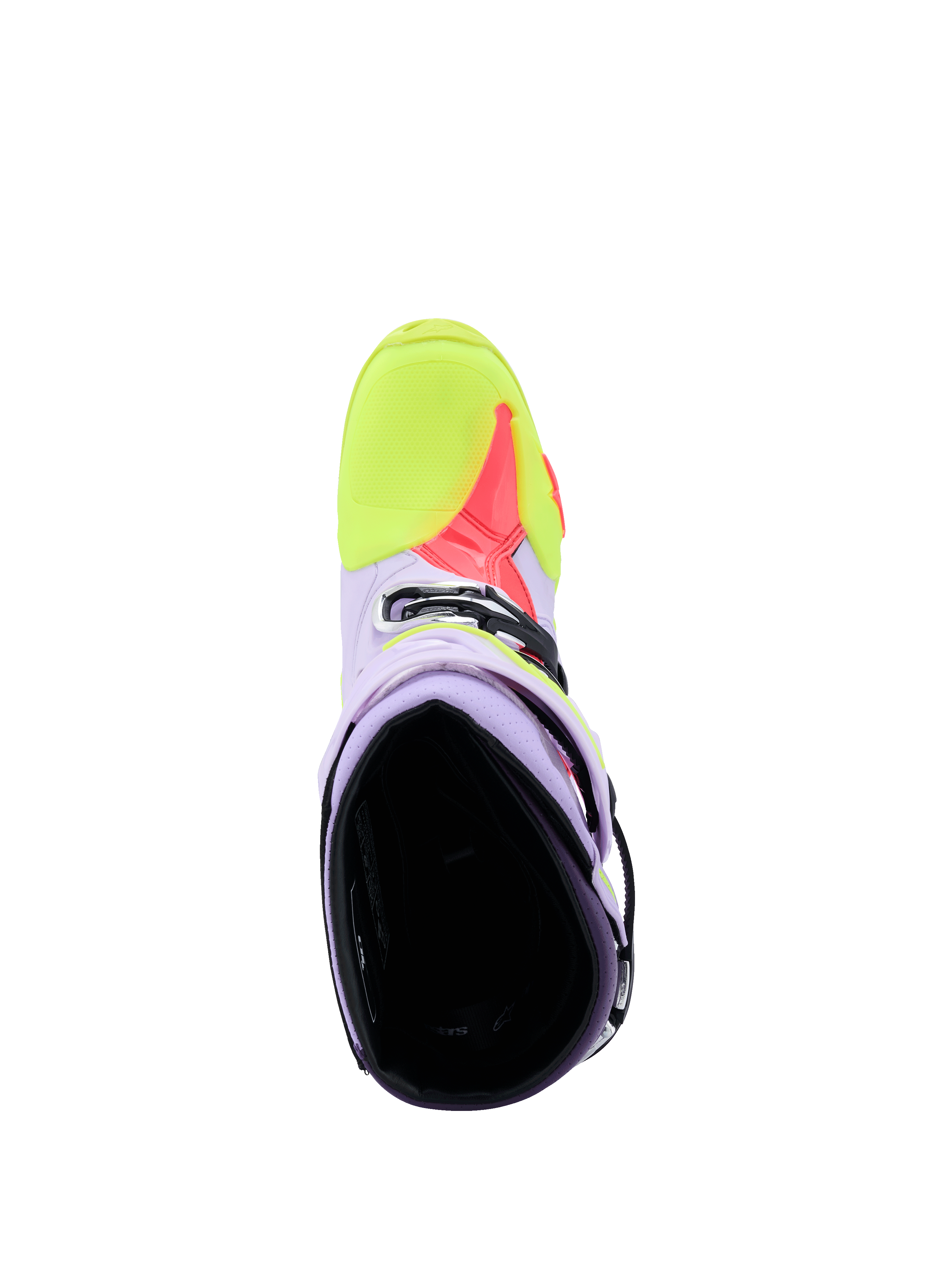 Alpinestars Tech 10 Supervented Boots in Purple, Yellow Fluo, and Diva Pink, top-down view showing the interior and perforated microfiber construction for airflow, high-performance motocross footwear.