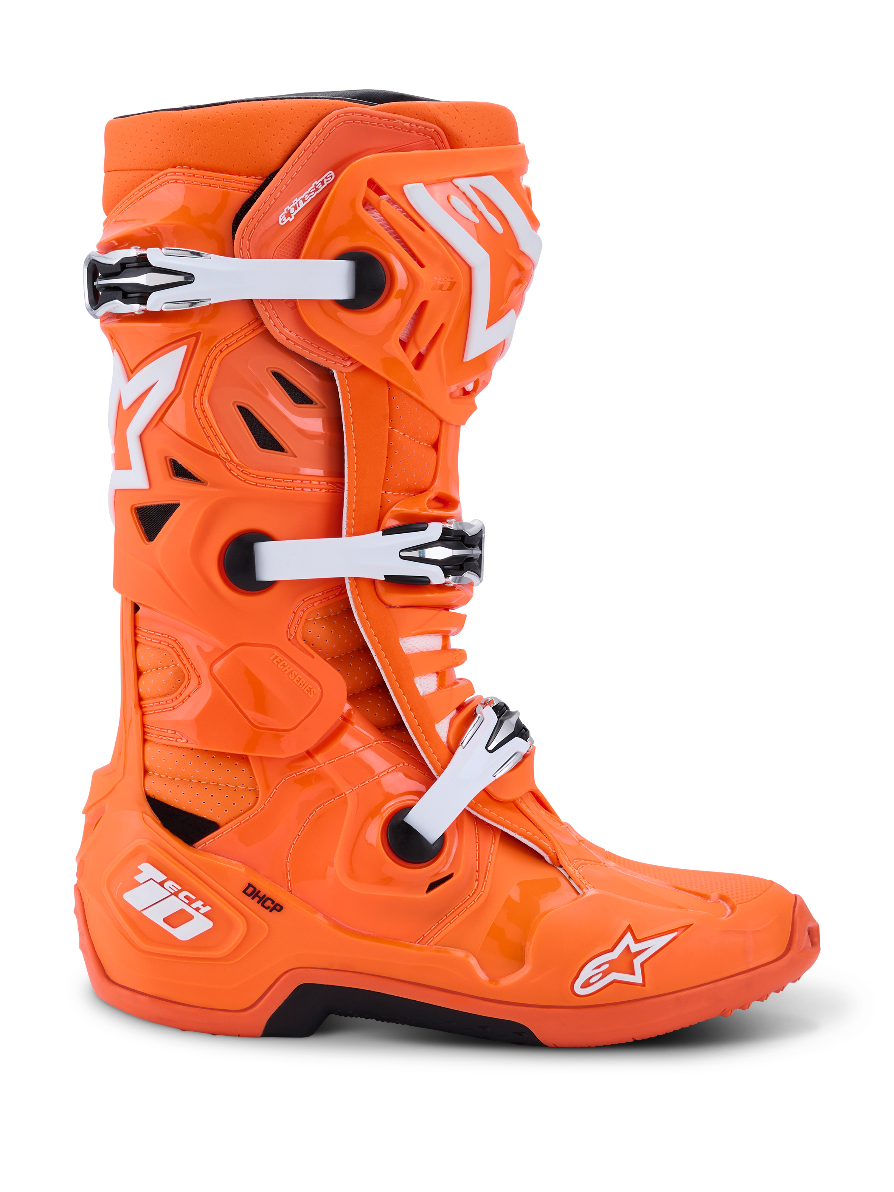 Botas Alpinestars Tech 10 Supervented, botas de motocross, laranja flúor e branco, vista de perfil mostrando fivelas mecânicas brancas e detalhes pretos, design ventilado com painéis perfurados, calçado de proteção premium para competição