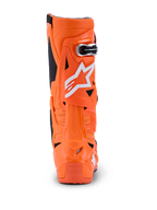 Botas Alpinestars Tech 10 Supervented, Laranja Fluo Preto Branco, vista traseira mostrando o perfil posterior, estrutura rígida em TPU com logótipo Alpinestars branco, calçado de performance para motocross profissional