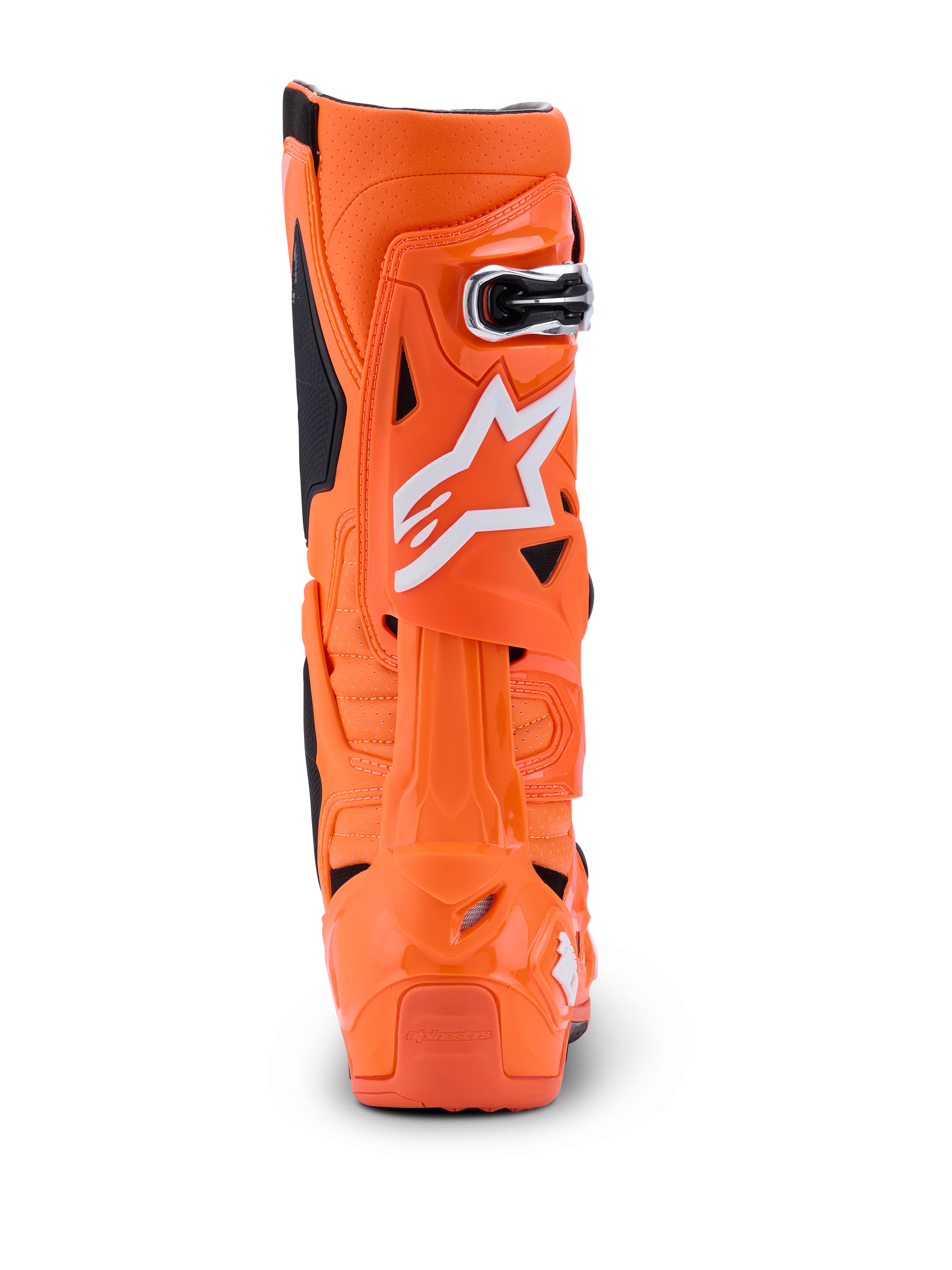Botas Alpinestars Tech 10 Supervented, Laranja Fluo Preto Branco, vista traseira mostrando o perfil posterior, estrutura rígida em TPU com logótipo Alpinestars branco, calçado de performance para motocross profissional