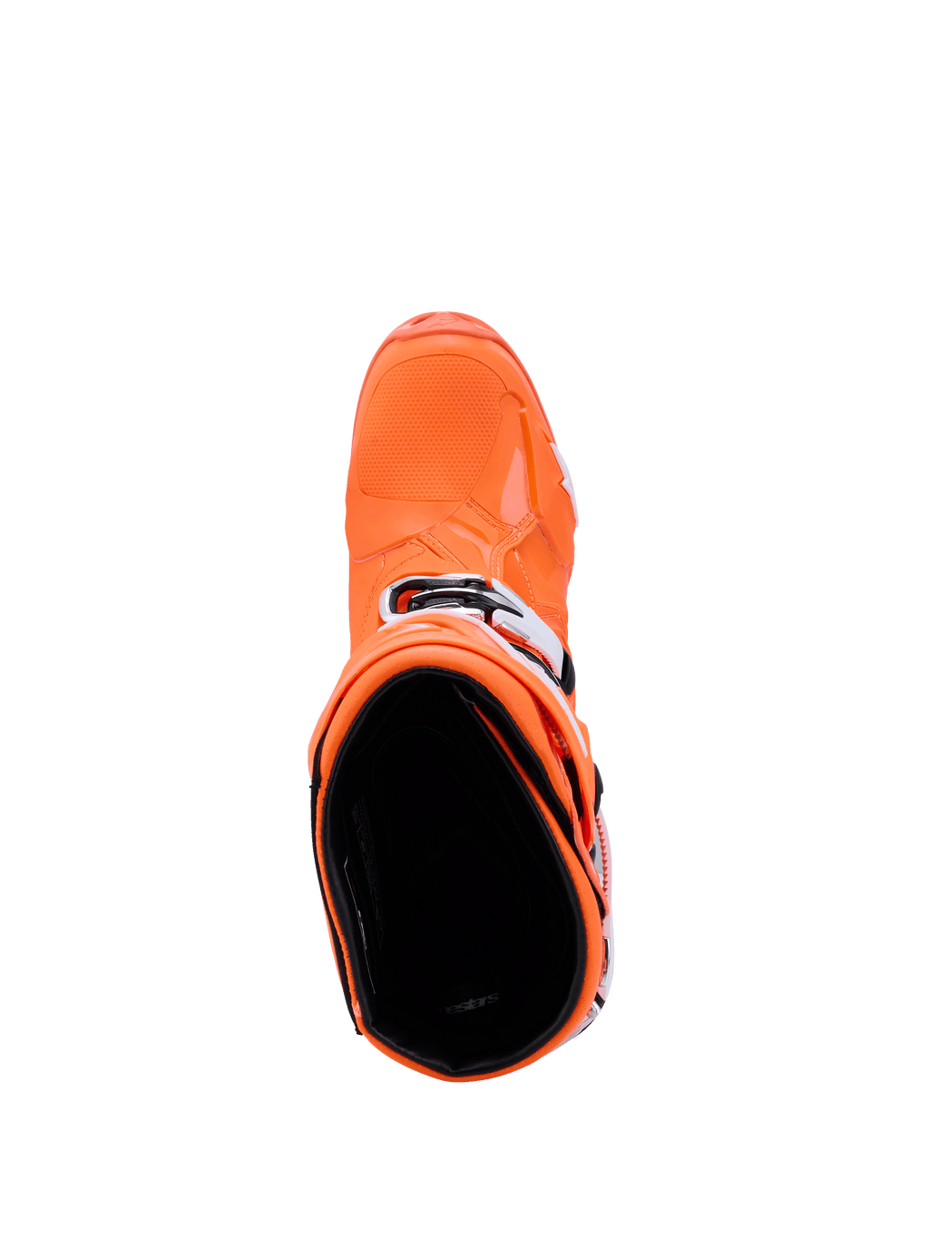 Botas Alpinestars Tech 10 Supervented, Laranja Fluo Preto Branco, vista superior para o interior da bota, mostrando a biqueira texturizada e as fivelas laterais, calçado avançado de competição de motocross