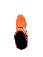 Botas Alpinestars Tech 10 Supervented, Laranja Fluo Preto Branco, vista superior para o interior da bota, mostrando a biqueira texturizada e as fivelas laterais, calçado avançado de competição de motocross