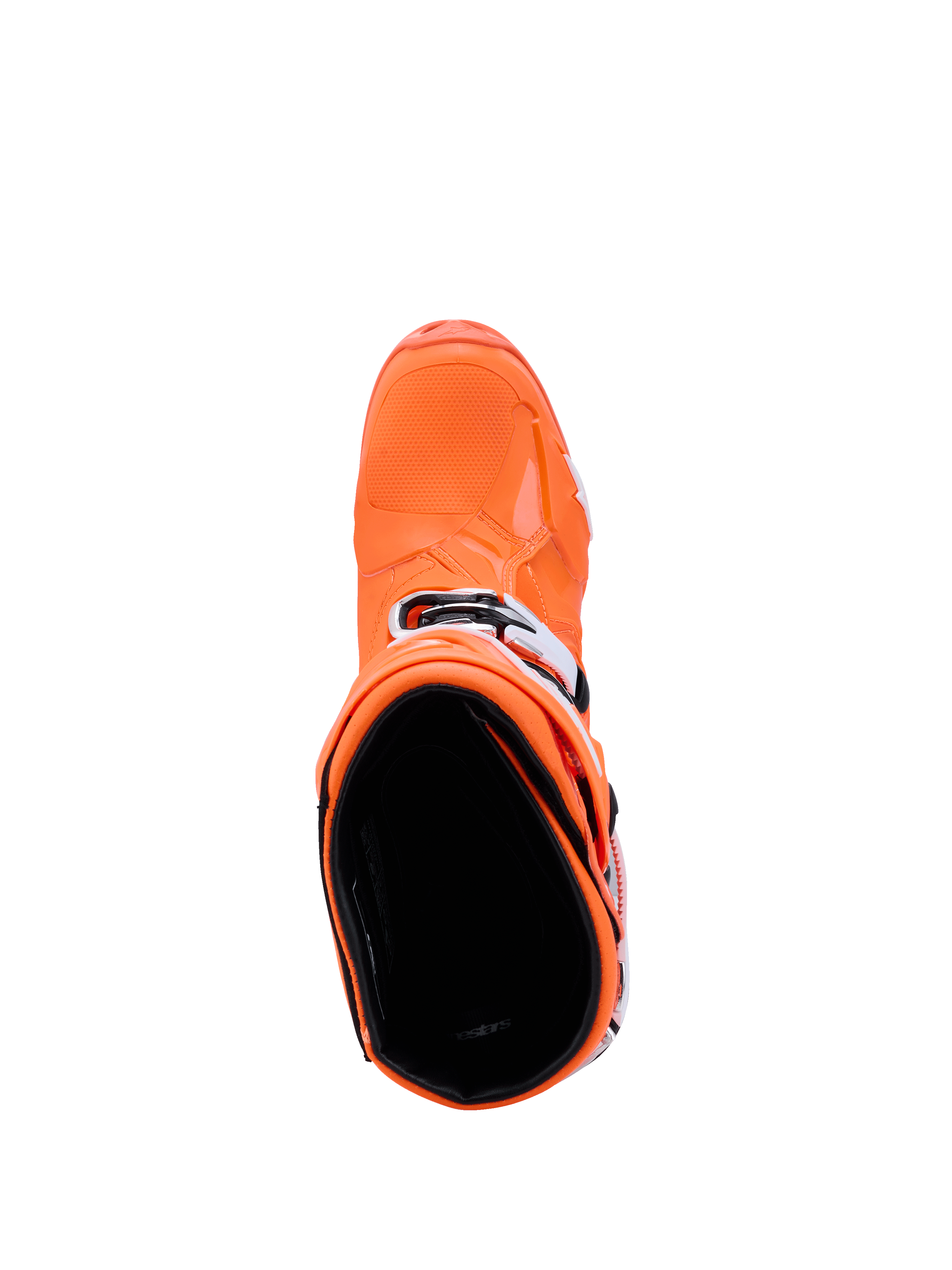 Botas Alpinestars Tech 10 Supervented, Laranja Fluo Preto Branco, vista superior para o interior da bota, mostrando a biqueira texturizada e as fivelas laterais, calçado avançado de competição de motocross