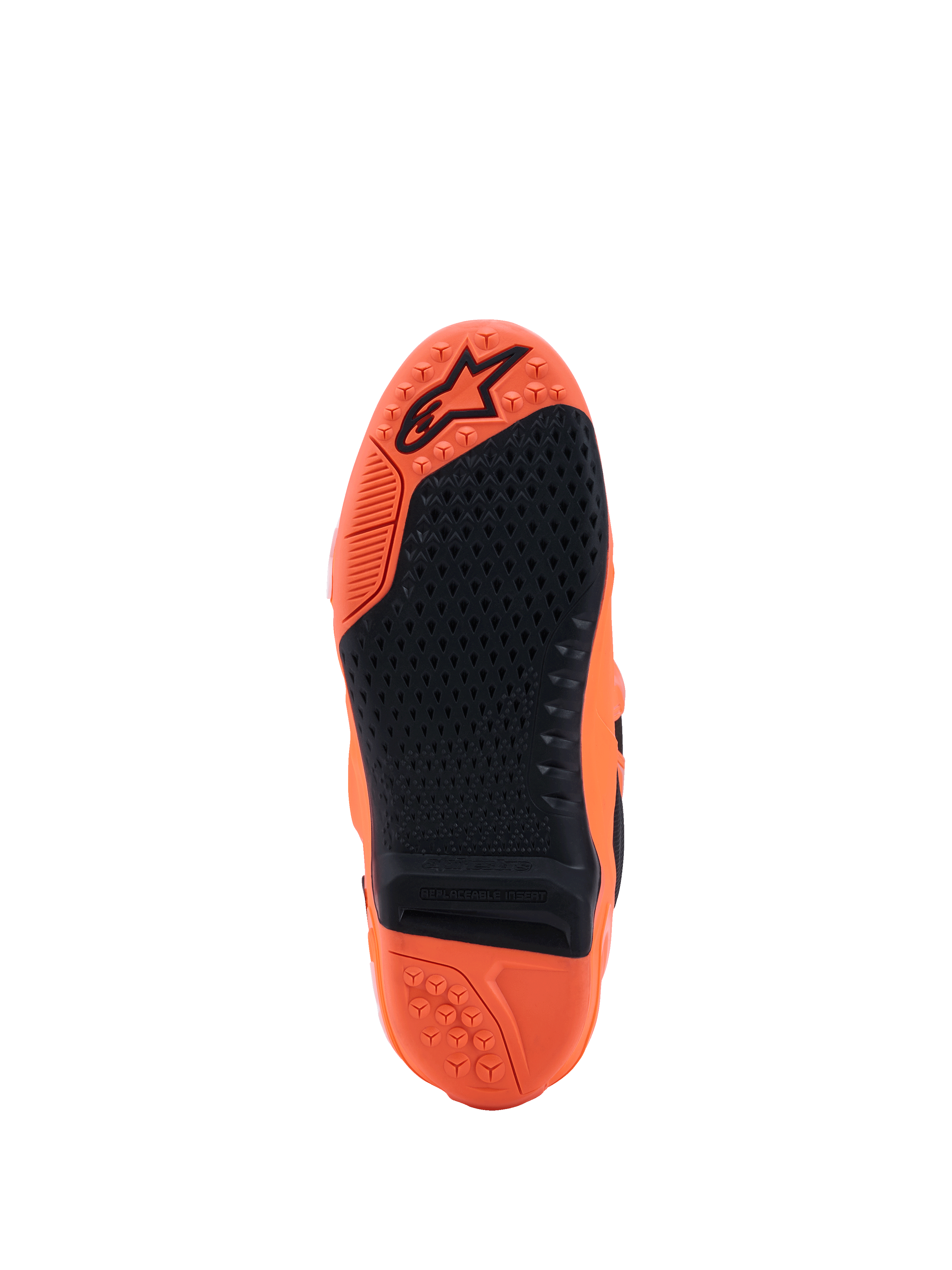 Botas Alpinestars Tech 10 Supervented, Laranja Fluo e Preto, vista da sola com rasto de borracha preta texturizada, inserção central substituível e logótipo em relevo na base laranja, concebidas para performance em motocross.