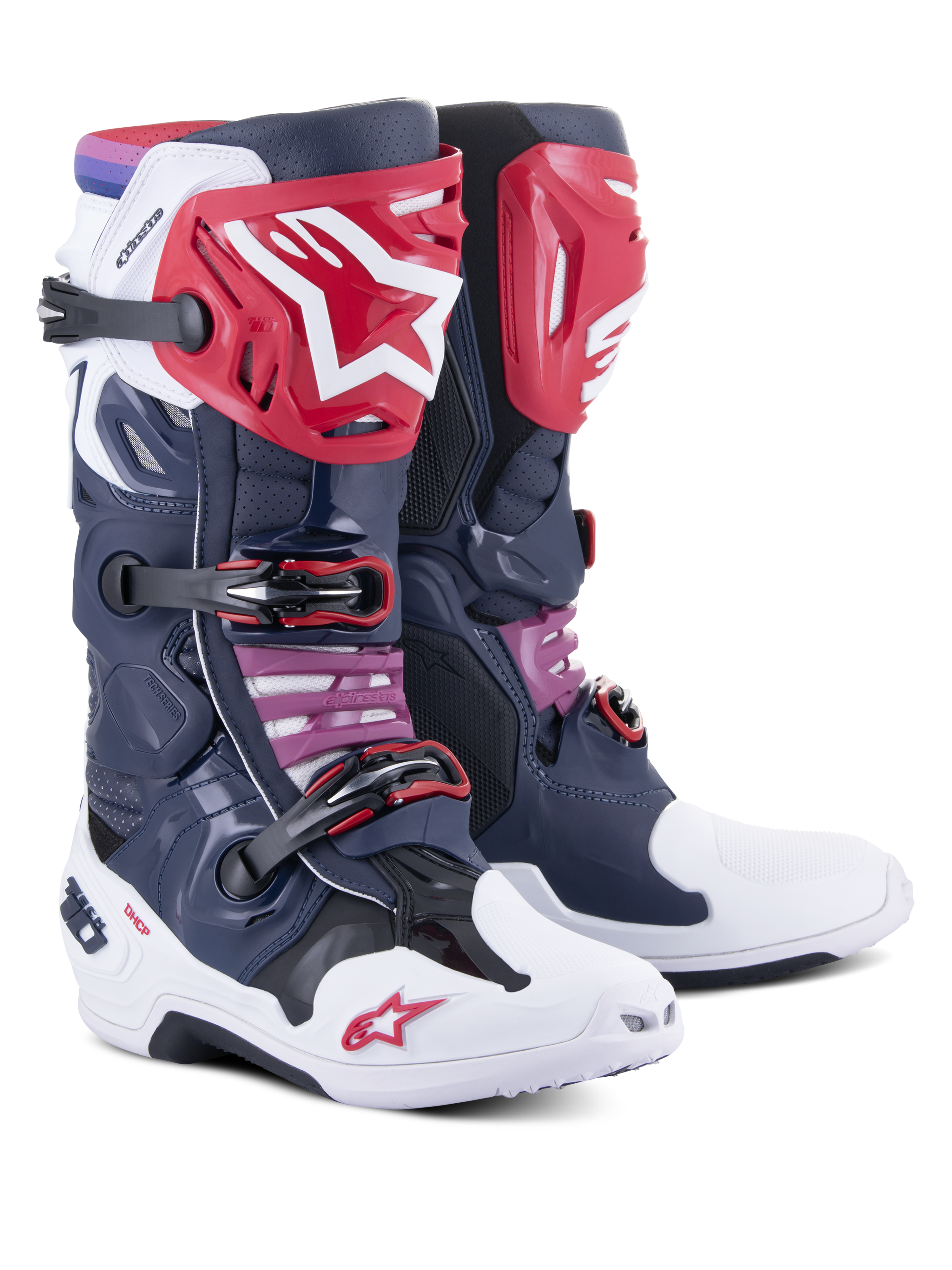 Alpinestars Tech 10 Supervented Boots, botas de motocross, Night Navy White Rainbow, com caneleiras vermelhas e logótipo de estrela branca, múltiplas fivelas pretas e painéis de malha perfurada para um elevado fluxo de ar