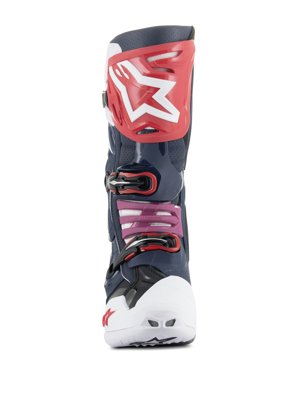 Botas Alpinestars Tech 10 Supervented, botas de motocross, Night Navy White Rainbow, vista frontal com placa de canela vermelha e logótipo branco, biqueira ventilada branca e construção em microfibra perfurada em azul marinho para máxima ventilação.