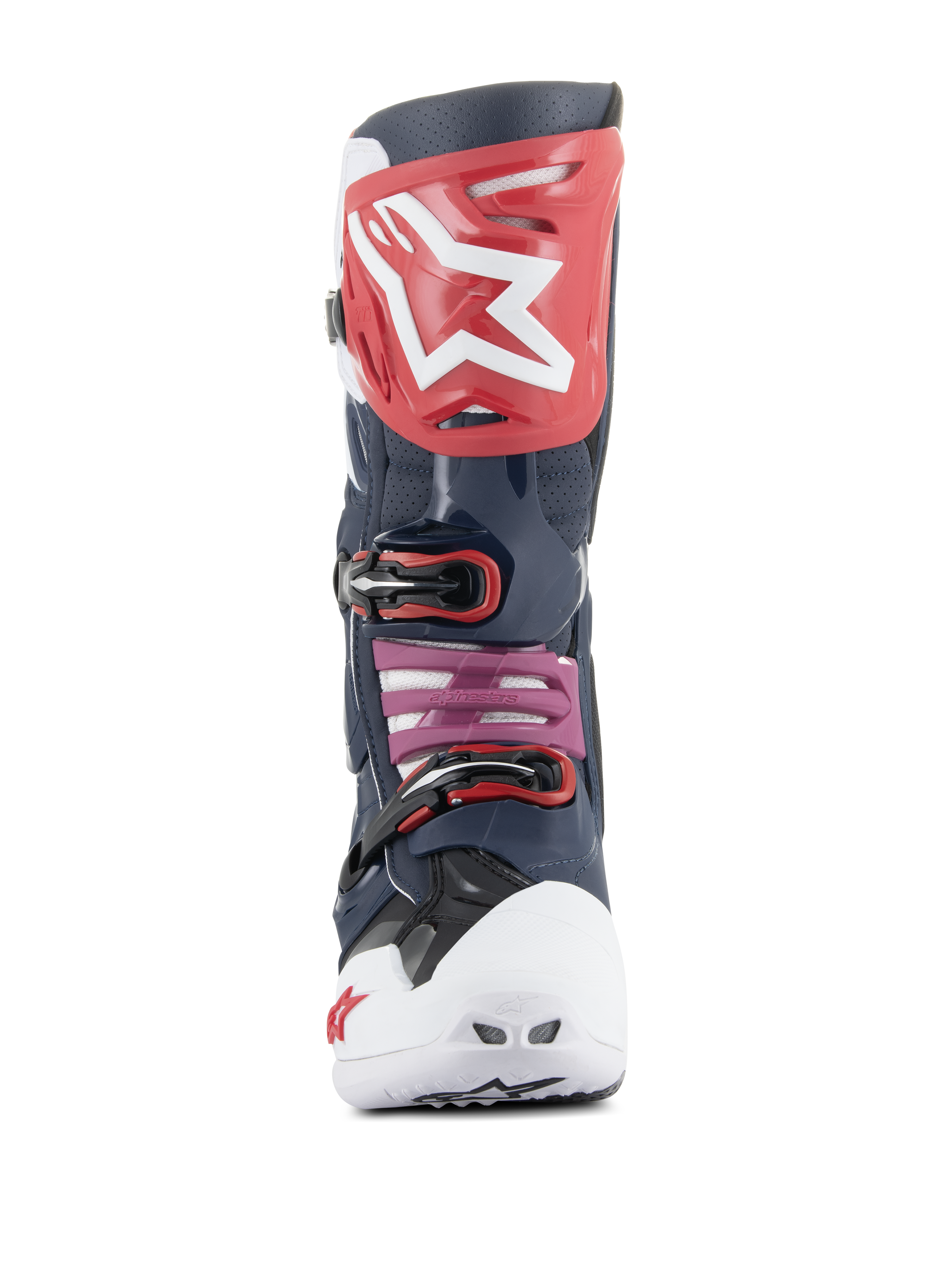 Botas Alpinestars Tech 10 Supervented, botas de motocross, Night Navy White Rainbow, vista frontal com placa de canela vermelha e logótipo branco, biqueira ventilada branca e construção em microfibra perfurada em azul marinho para máxima ventilação.