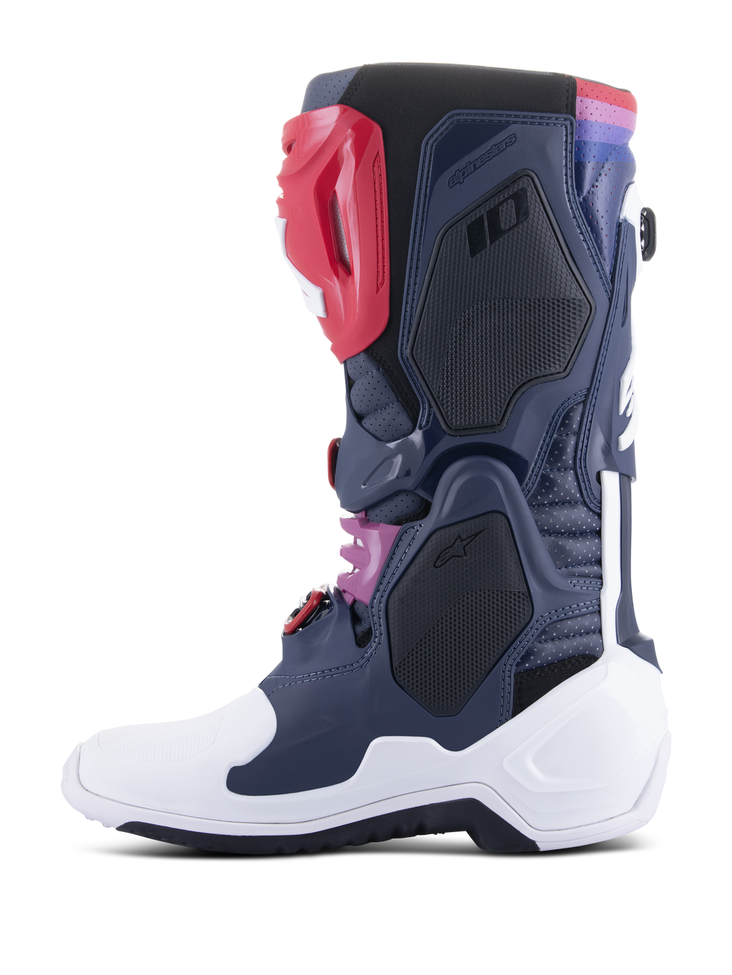 Botas Alpinestars Tech 10 Supervented, botas de motocross, Night Navy White Rainbow, vista de perfil lateral com painéis de malha ventilada, estrutura protetora branca e pormenores coloridos, calçado de alta performance para todo-o-terreno