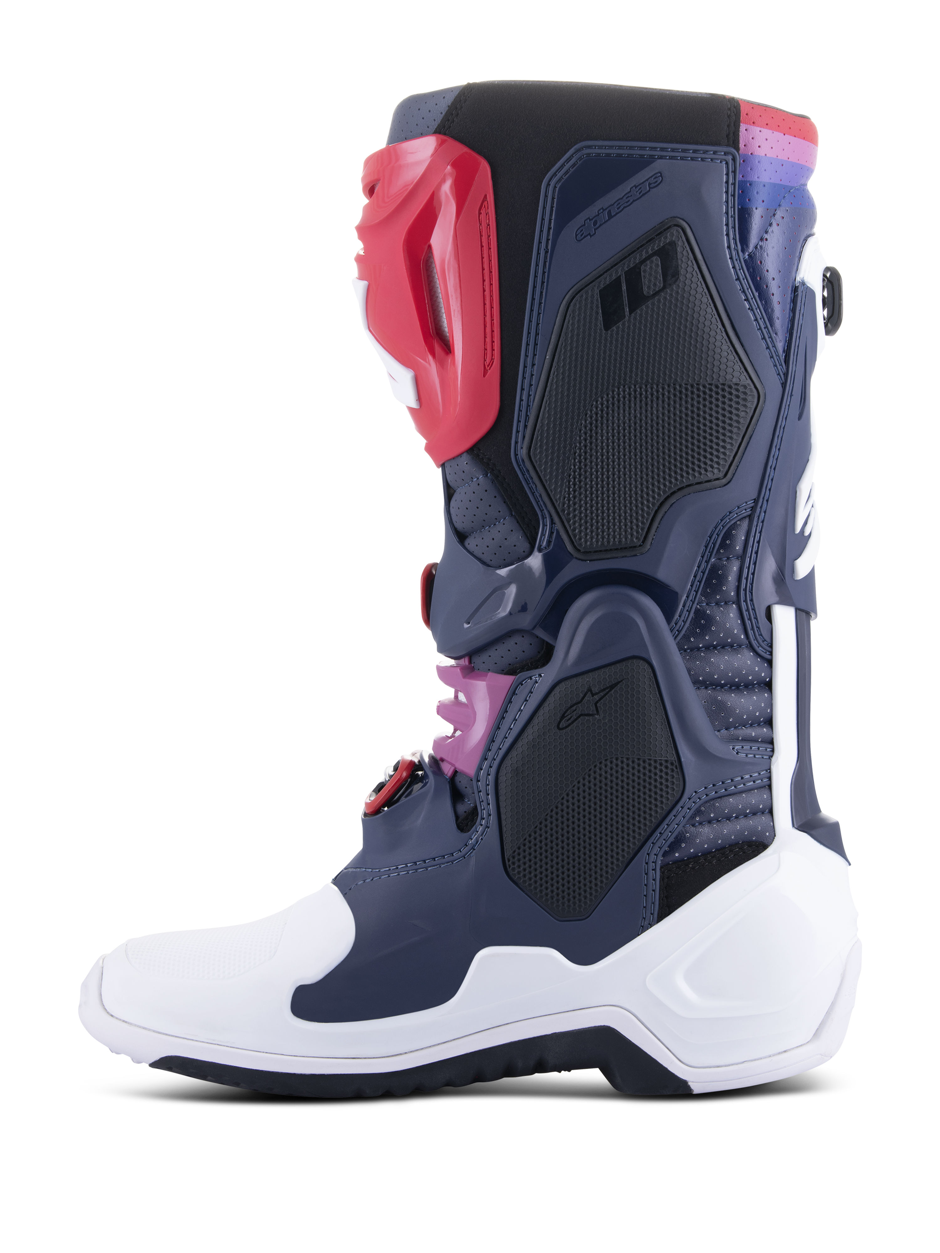 Botas Alpinestars Tech 10 Supervented, botas de motocross, Night Navy White Rainbow, vista de perfil lateral com painéis de malha ventilada, estrutura protetora branca e pormenores coloridos, calçado de alta performance para todo-o-terreno