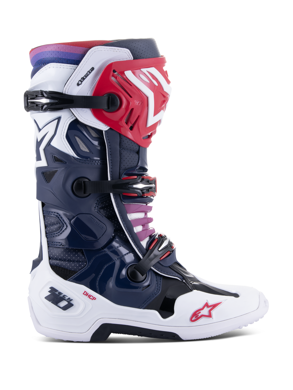 Botas Alpinestars Tech 10 Supervented, botas de motocross, cor Night Navy White Rainbow, vista de perfil lateral, com estrutura azul-marinho e branca, detalhes vermelhos, fivelas pretas e gradiente de roxo a vermelho no topo, construção ventilada de alta performance para proteção em todo-o-terreno