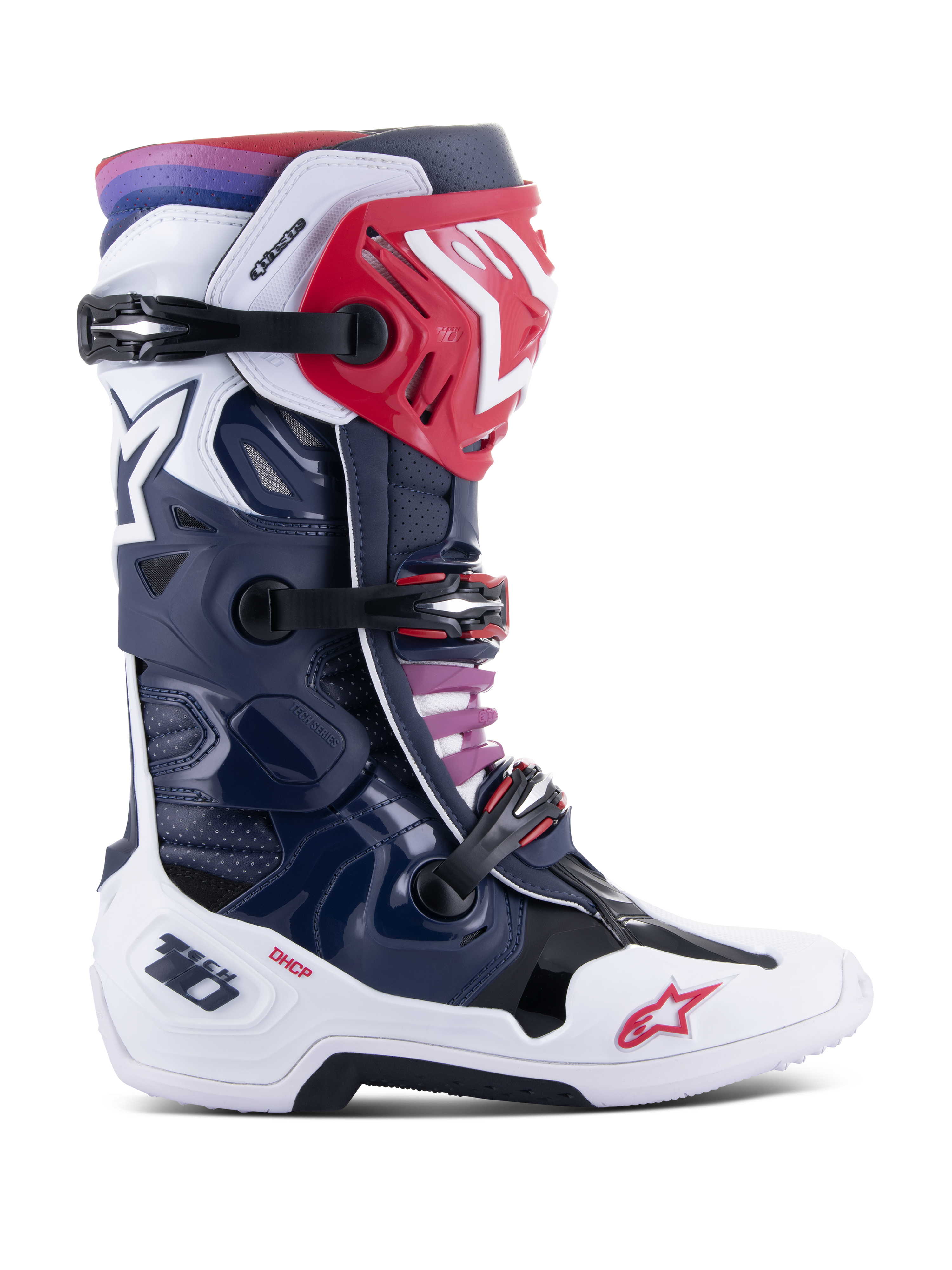 Botas Alpinestars Tech 10 Supervented, botas de motocross, cor Night Navy White Rainbow, vista de perfil lateral, com estrutura azul-marinho e branca, detalhes vermelhos, fivelas pretas e gradiente de roxo a vermelho no topo, construção ventilada de alta performance para proteção em todo-o-terreno