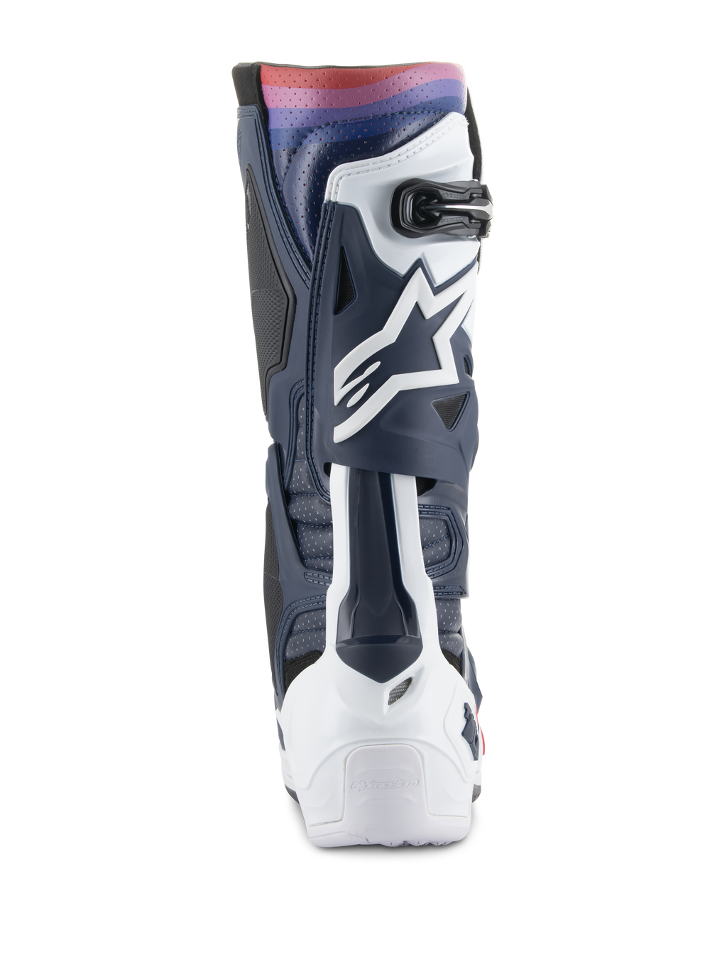 Botas Alpinestars Tech 10 Supervented, botas de motocross, Night Navy White Rainbow, vista traseira mostrando a estrutura em TPU azul-marinho e branca com um gradiente arco-íris vibrante no topo, apresentando o logótipo Astars branco e painéis ventilados para desempenho todo-o-terreno.