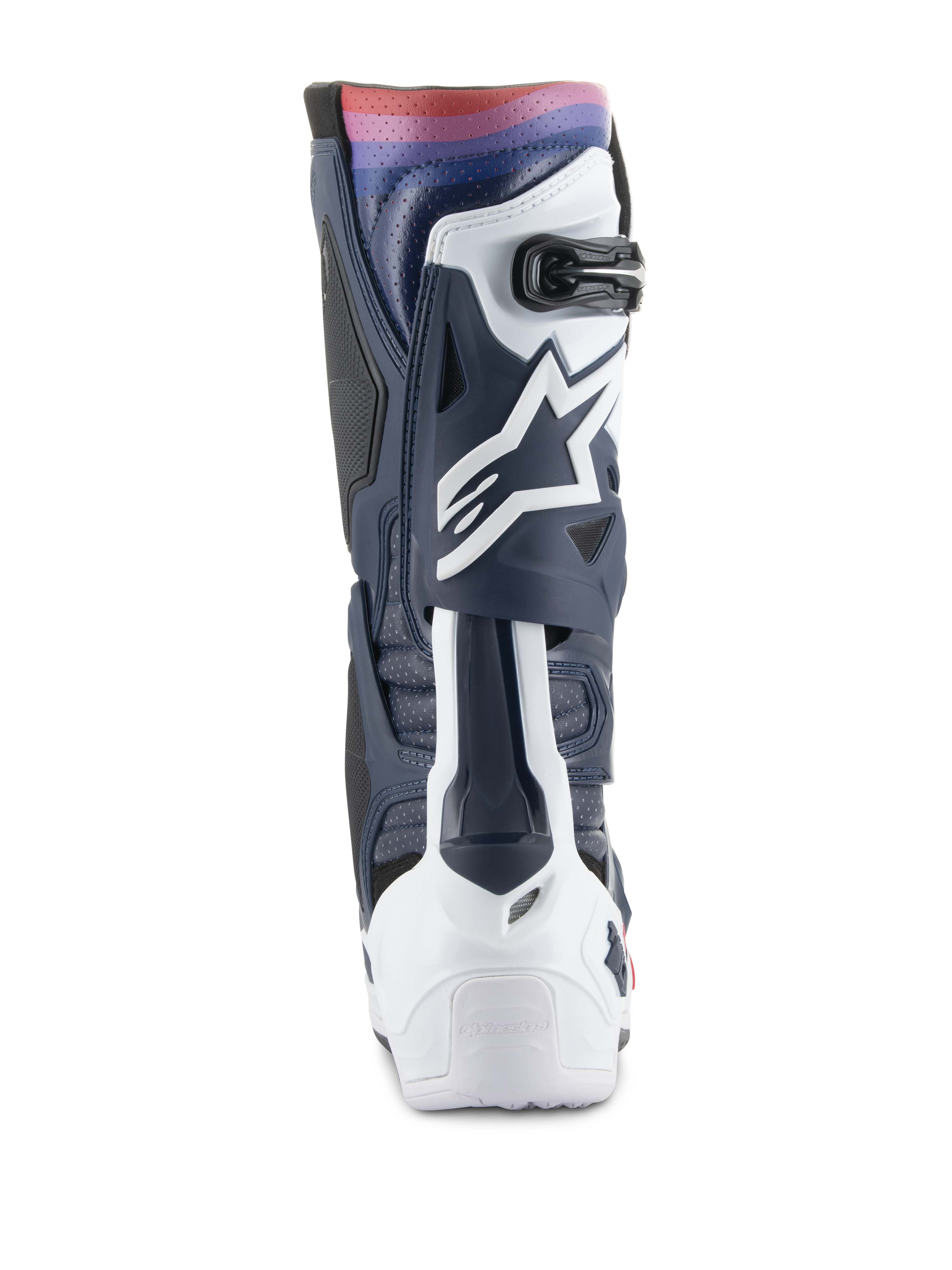 Botas Alpinestars Tech 10 Supervented, botas de motocross, Night Navy White Rainbow, vista traseira mostrando a estrutura em TPU azul-marinho e branca com um gradiente arco-íris vibrante no topo, apresentando o logótipo Astars branco e painéis ventilados para desempenho todo-o-terreno.