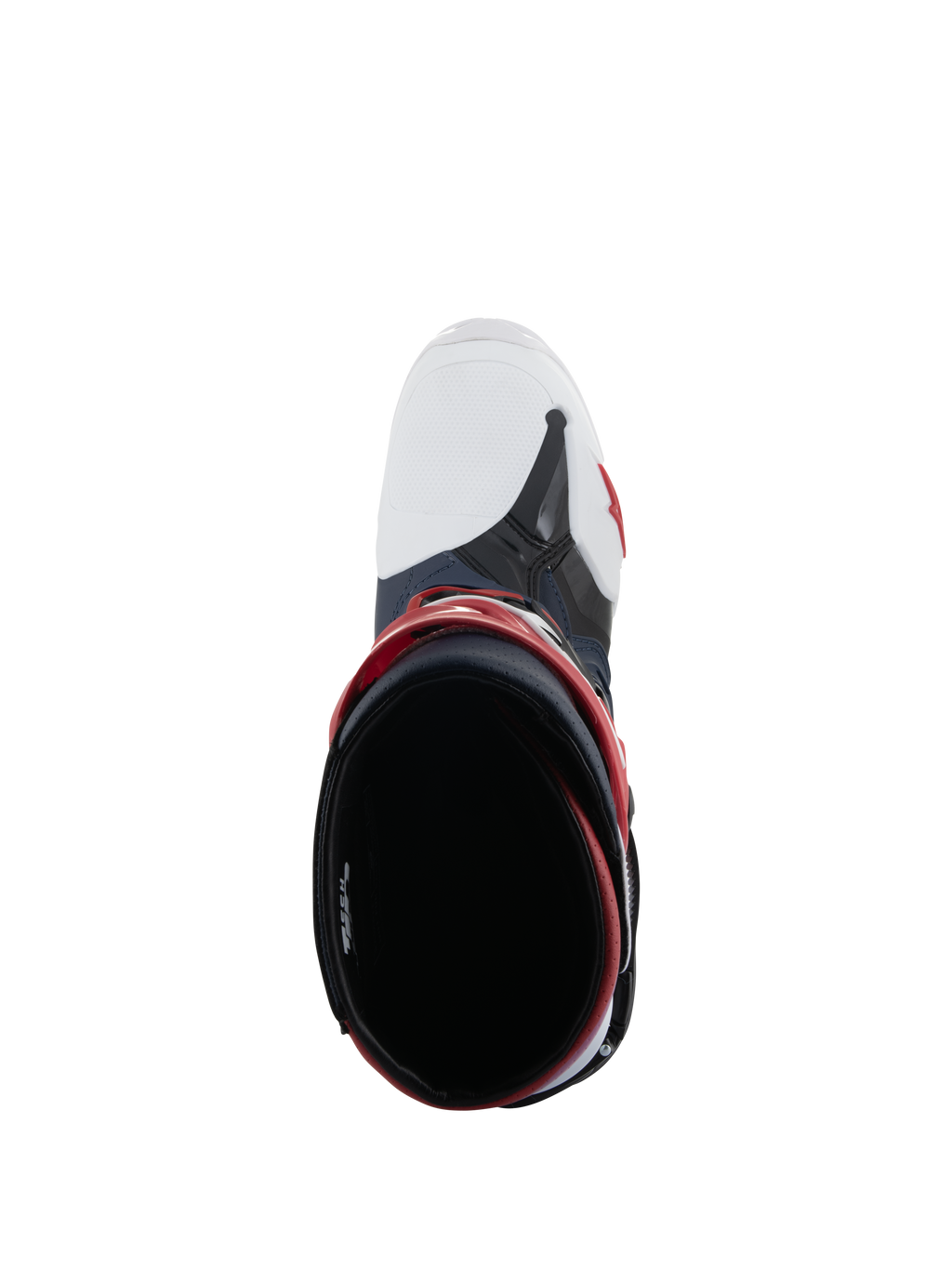 Botas Alpinestars Tech 10 Supervented, vista superior da abertura da bota, Night Navy White Rainbow, biqueira branca ventilada e detalhes em vermelho, calçado de motocross de alta performance para o máximo fluxo de ar.