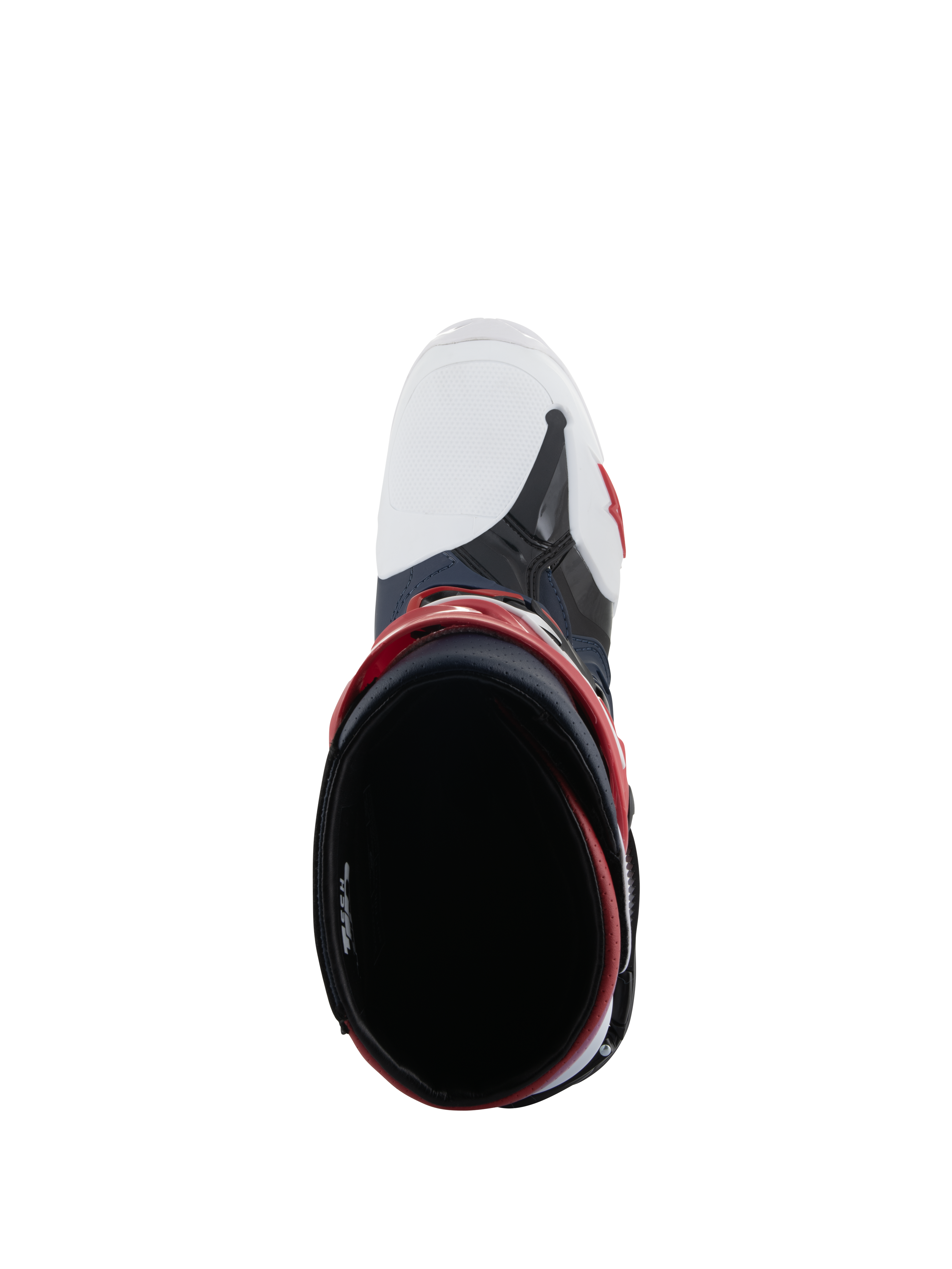 Botas Alpinestars Tech 10 Supervented, vista superior da abertura da bota, Night Navy White Rainbow, biqueira branca ventilada e detalhes em vermelho, calçado de motocross de alta performance para o máximo fluxo de ar.