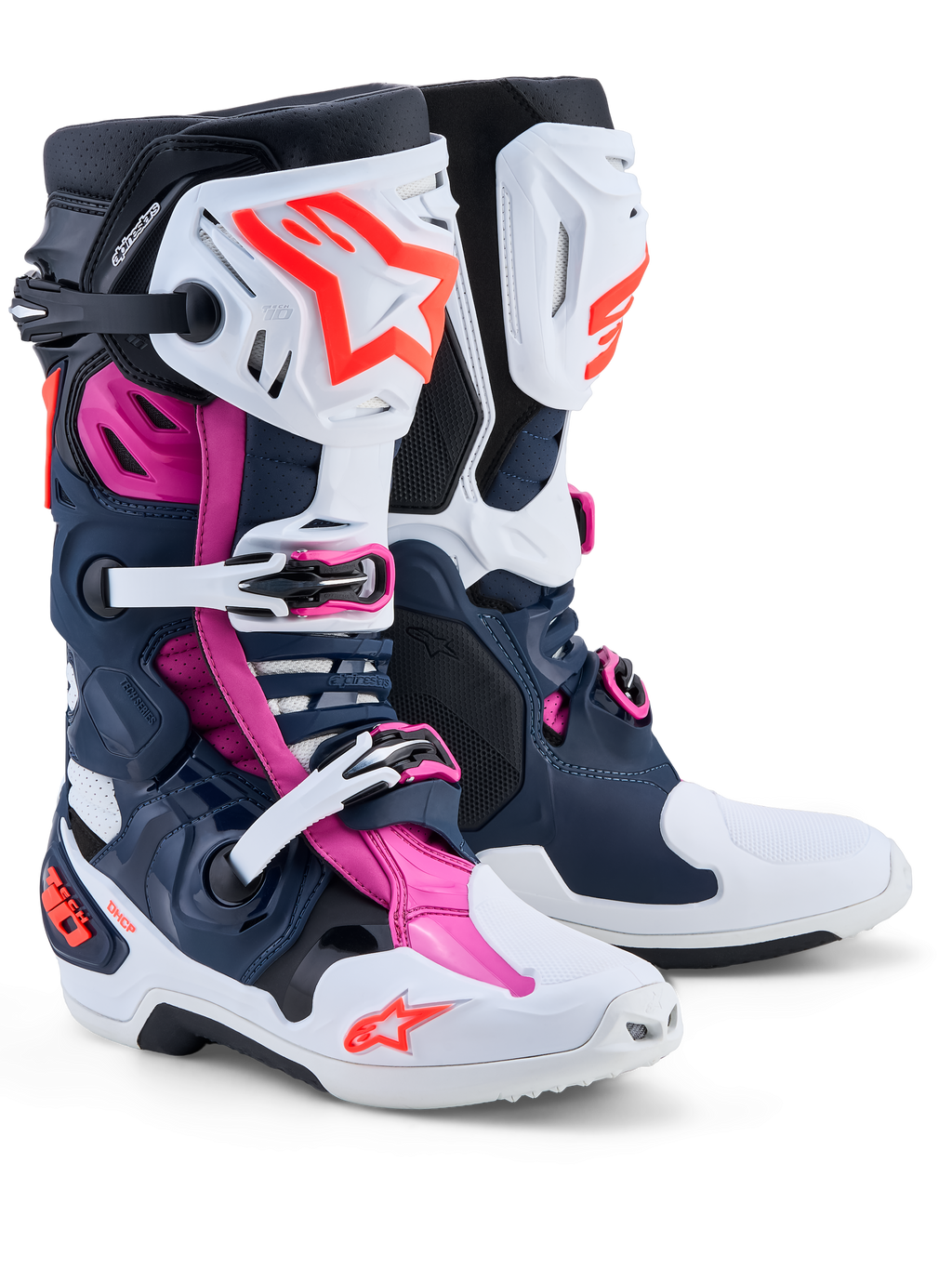 Alpinestars botas Tech-10 Supervented, botas de motocross para homem, azul-escuro, branco e fúcsia, TPU ventilado