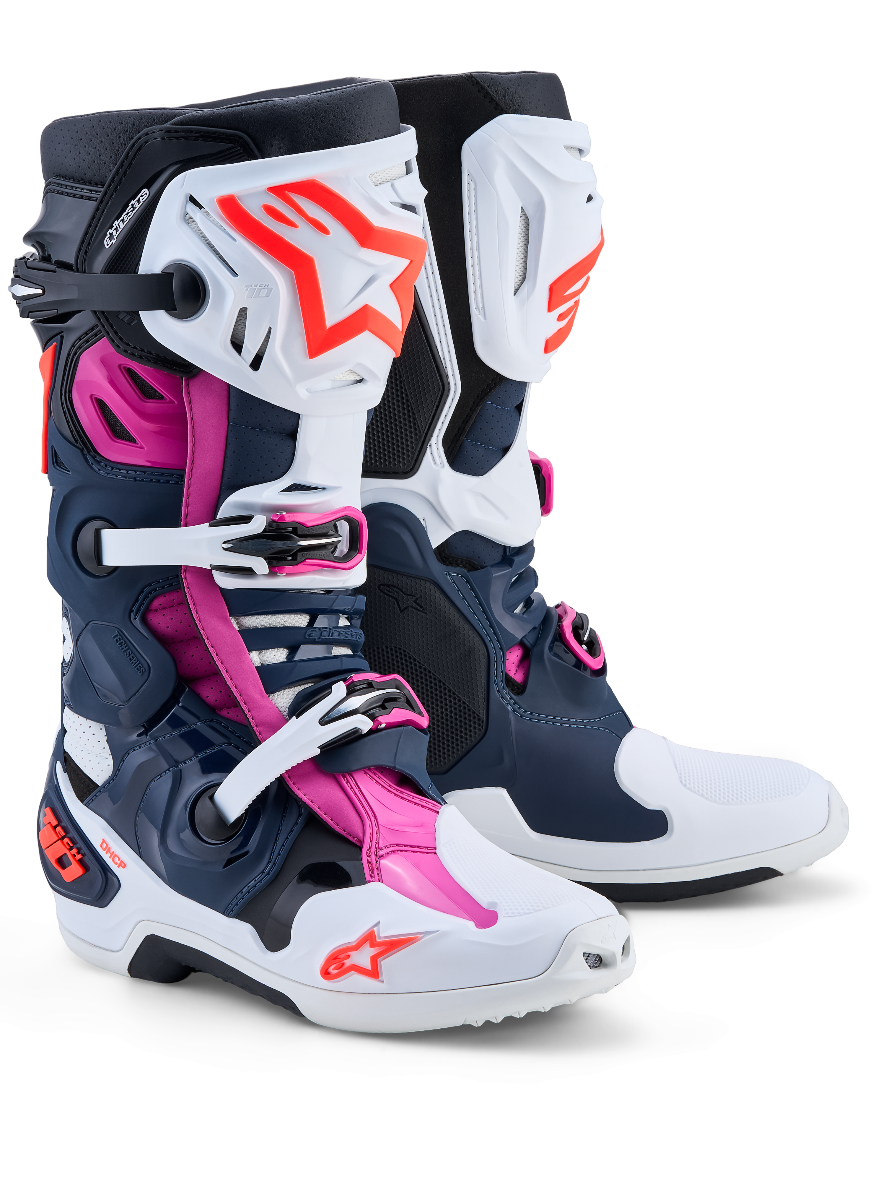 Alpinestars botas Tech-10 Supervented, botas de motocross para homem, azul-escuro, branco e fúcsia, TPU ventilado