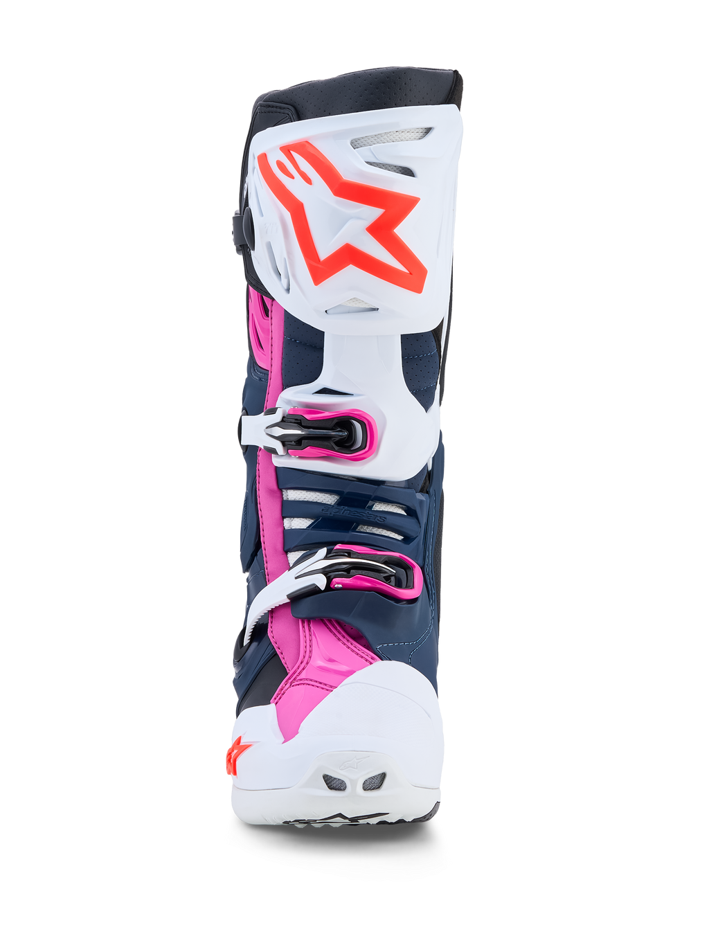 Alpinestars Tech-10 Supervented, botas de motocross para homem, brancas, azuis-escuras e fúcsia com painéis de TPU ventilados