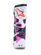 Alpinestars Tech-10 Supervented, botas de motocross para homem, brancas, azuis-escuras e fúcsia com painéis de TPU ventilados