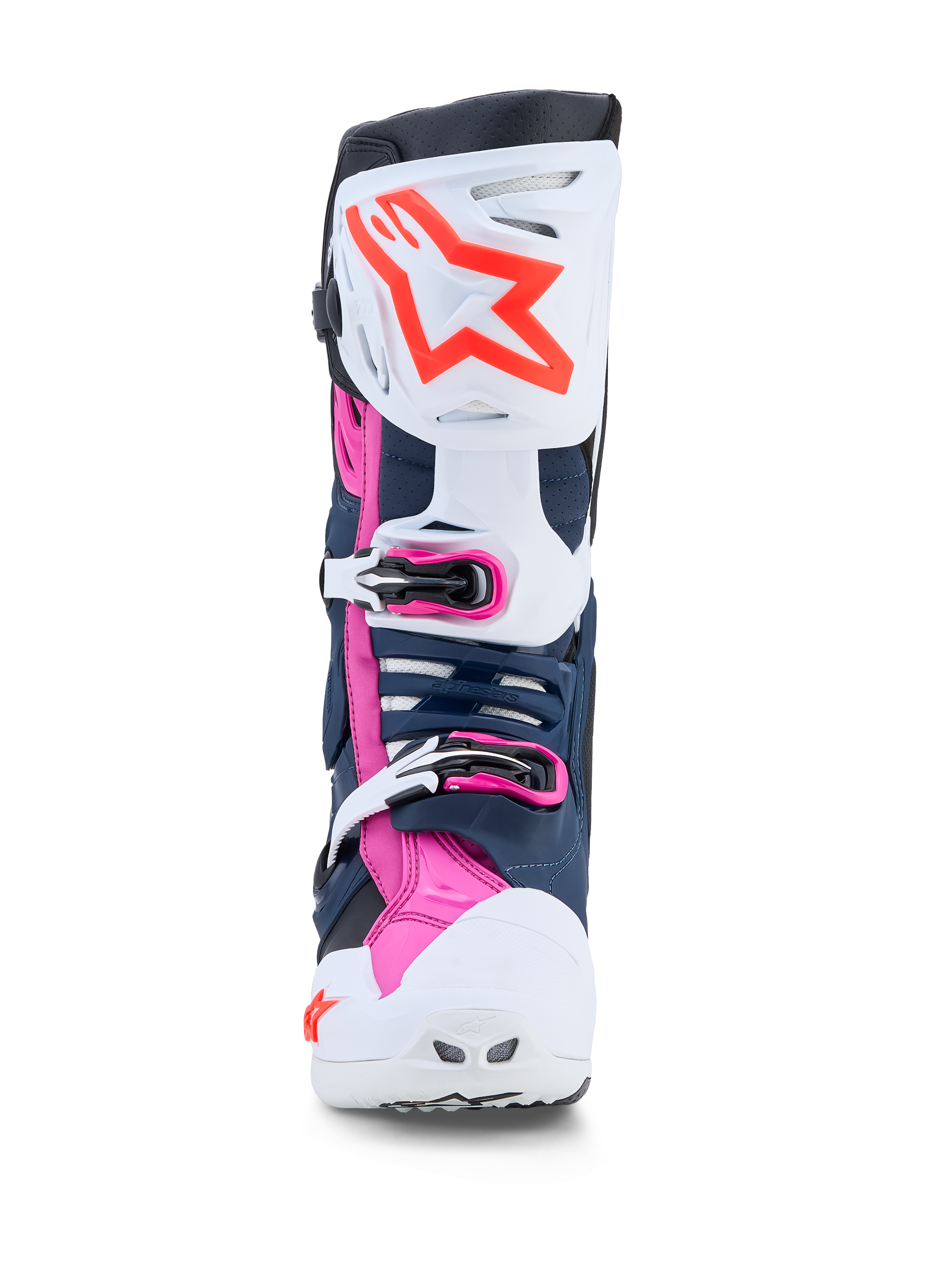 Alpinestars Tech-10 Supervented, botas de motocross para homem, brancas, azuis-escuras e fúcsia com painéis de TPU ventilados