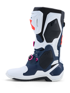 Botas Alpinestars Tech-10 Supervented, botas de motocross azuis e brancas com detalhes rosa e estrutura de TPU ventilada.