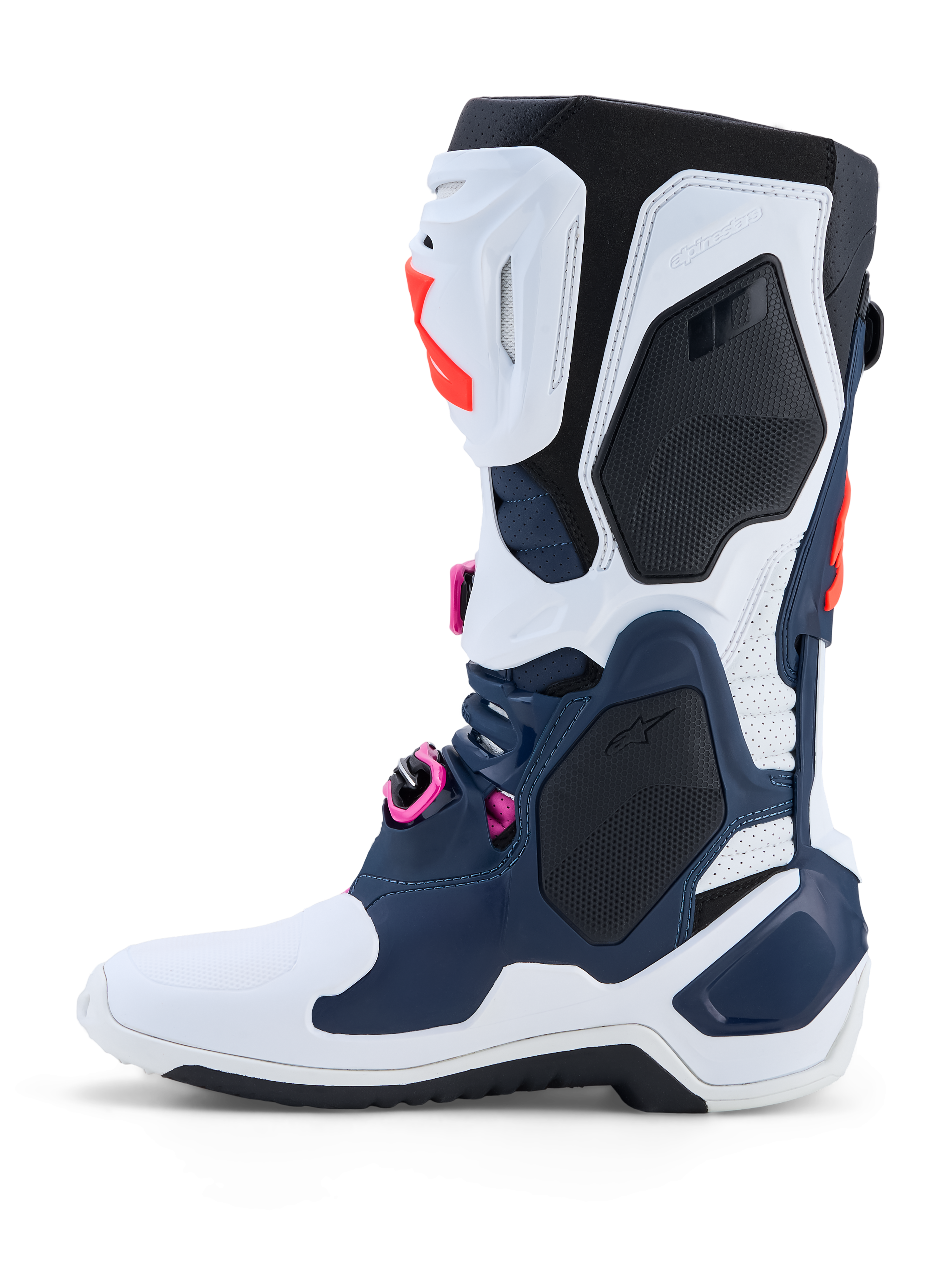 Botas Alpinestars Tech-10 Supervented, botas de motocross azuis e brancas com detalhes rosa e estrutura de TPU ventilada.