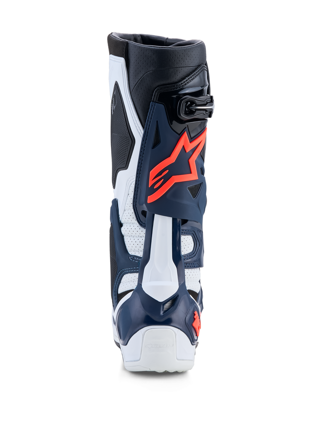 Alpinestars Tech-10 Supervented, botas de motocross azuis e brancas com detalhes rosa, construção em TPU perfurado.