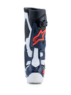 Alpinestars Tech-10 Supervented, botas de motocross azuis e brancas com detalhes rosa, construção em TPU perfurado.