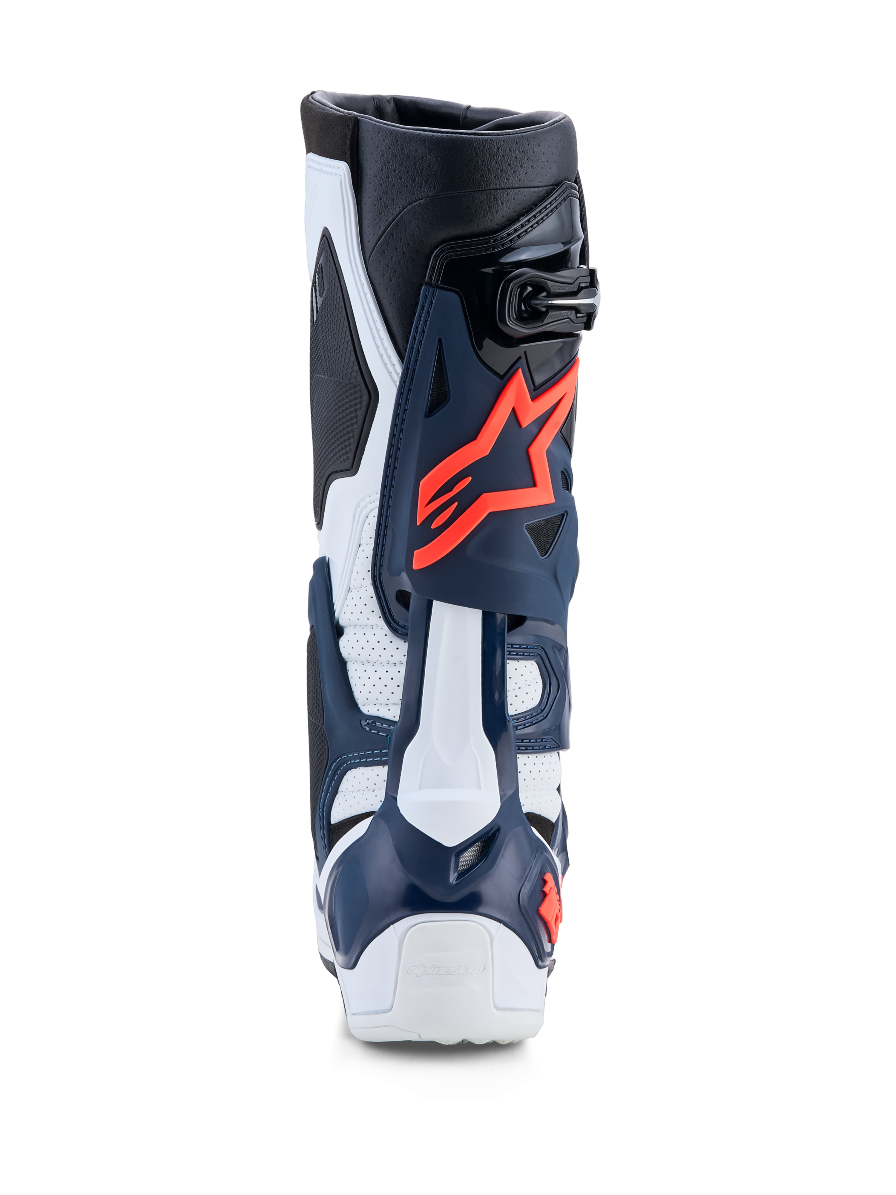 Alpinestars Tech-10 Supervented, botas de motocross azuis e brancas com detalhes rosa, construção em TPU perfurado.