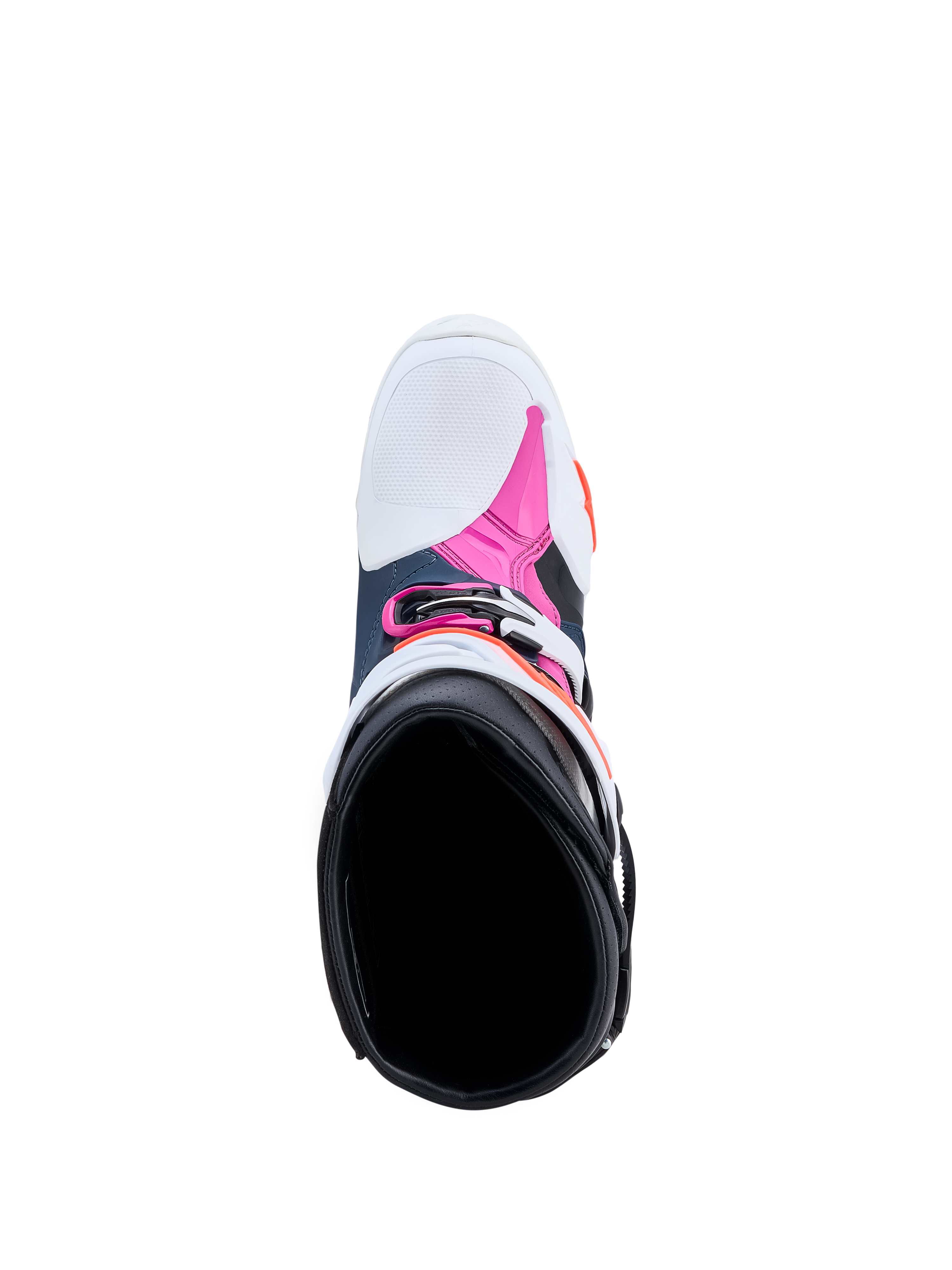 Alpinestars Tech-10 Supervented, botas de motocross em azul escuro, branco e fúcsia, vista superior do interior.