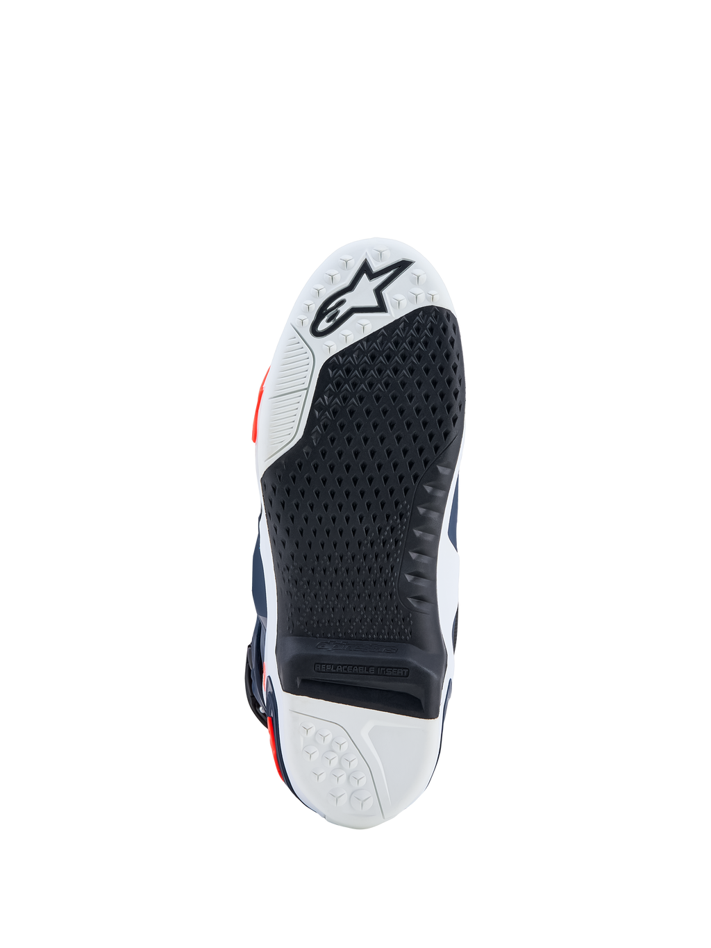 Alpinestars Tech-10 Supervented, botas de motocross, sola branca e preta com inserção central de alta aderência substituível.