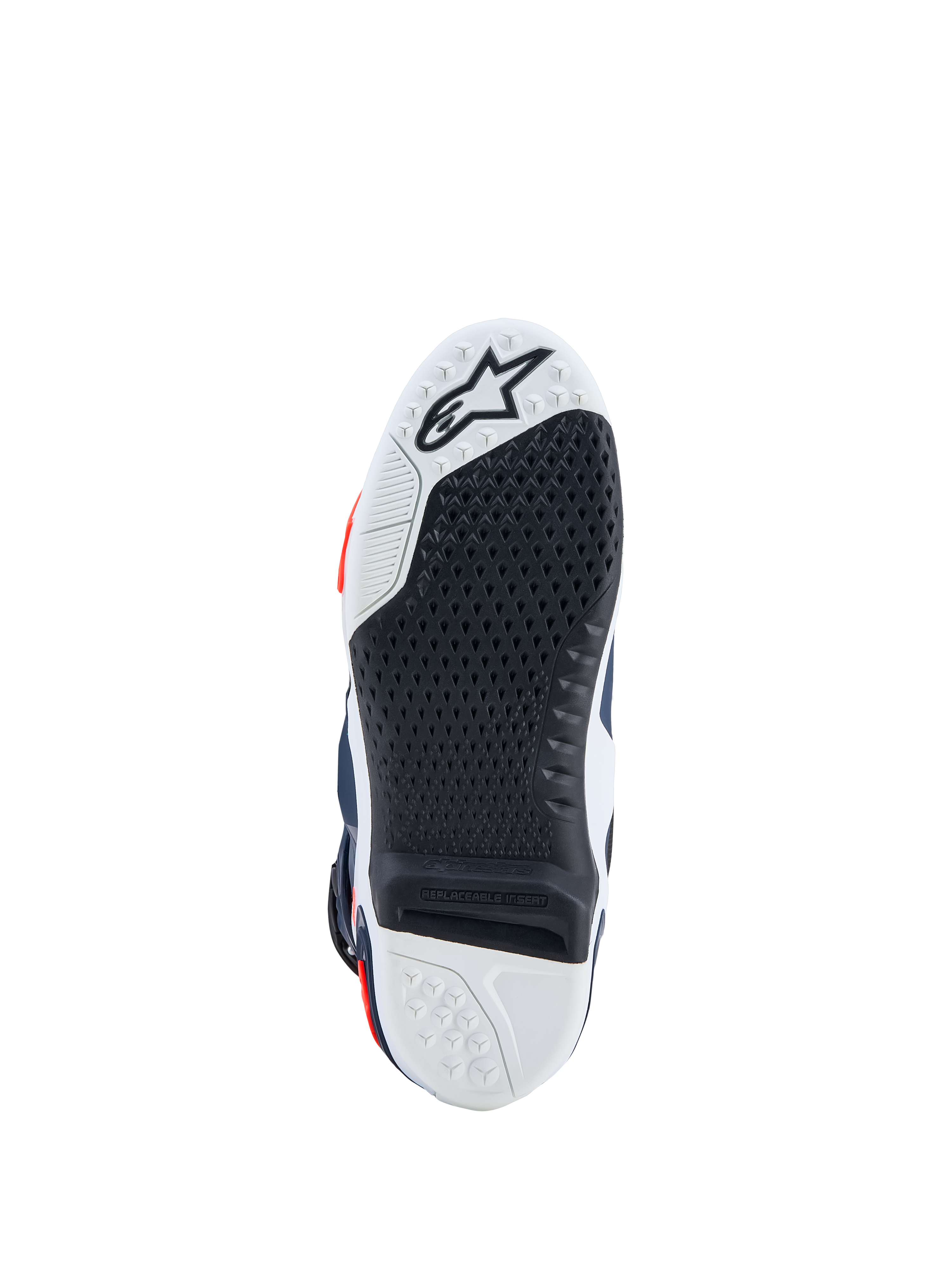 Alpinestars Tech-10 Supervented, botas de motocross, sola branca e preta com inserção central de alta aderência substituível.