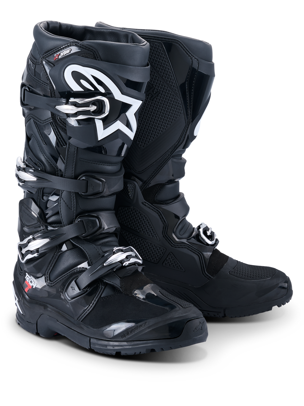 Botas Alpinestars 2026 Tech 7 Enduro Drystar®, botas profissionais de motocross e enduro, pretas, com sistema de fecho de quatro fivelas, logótipo Astar branco na canela, painéis de proteção em TPU robustos e sola especializada para aderência em terrenos off-road