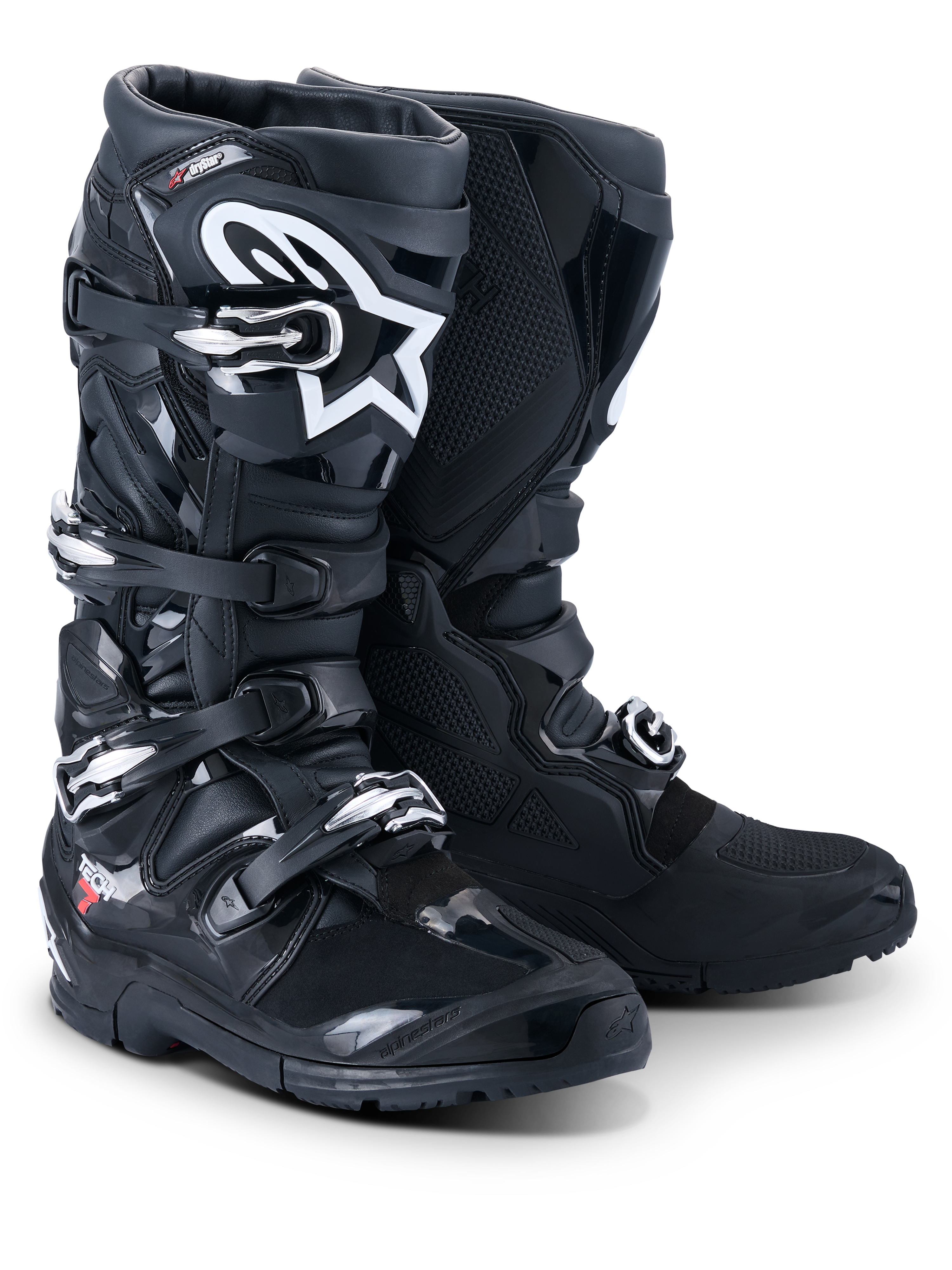 Botas Alpinestars 2026 Tech 7 Enduro Drystar®, botas profissionais de motocross e enduro, pretas, com sistema de fecho de quatro fivelas, logótipo Astar branco na canela, painéis de proteção em TPU robustos e sola especializada para aderência em terrenos off-road