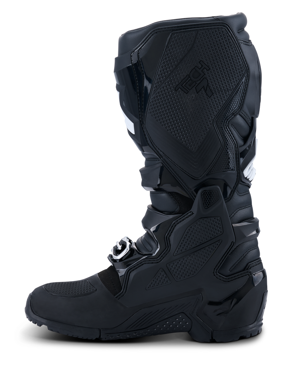 Botas Alpinestars 2026 Tech 7 Enduro Drystar®, pretas, vista de perfil lateral medial com proteção extensiva em TPU, sistema de pivô duplo e painéis de aderência texturizados especializados para controlo da moto, construção impermeável para competições de off-road e enduro