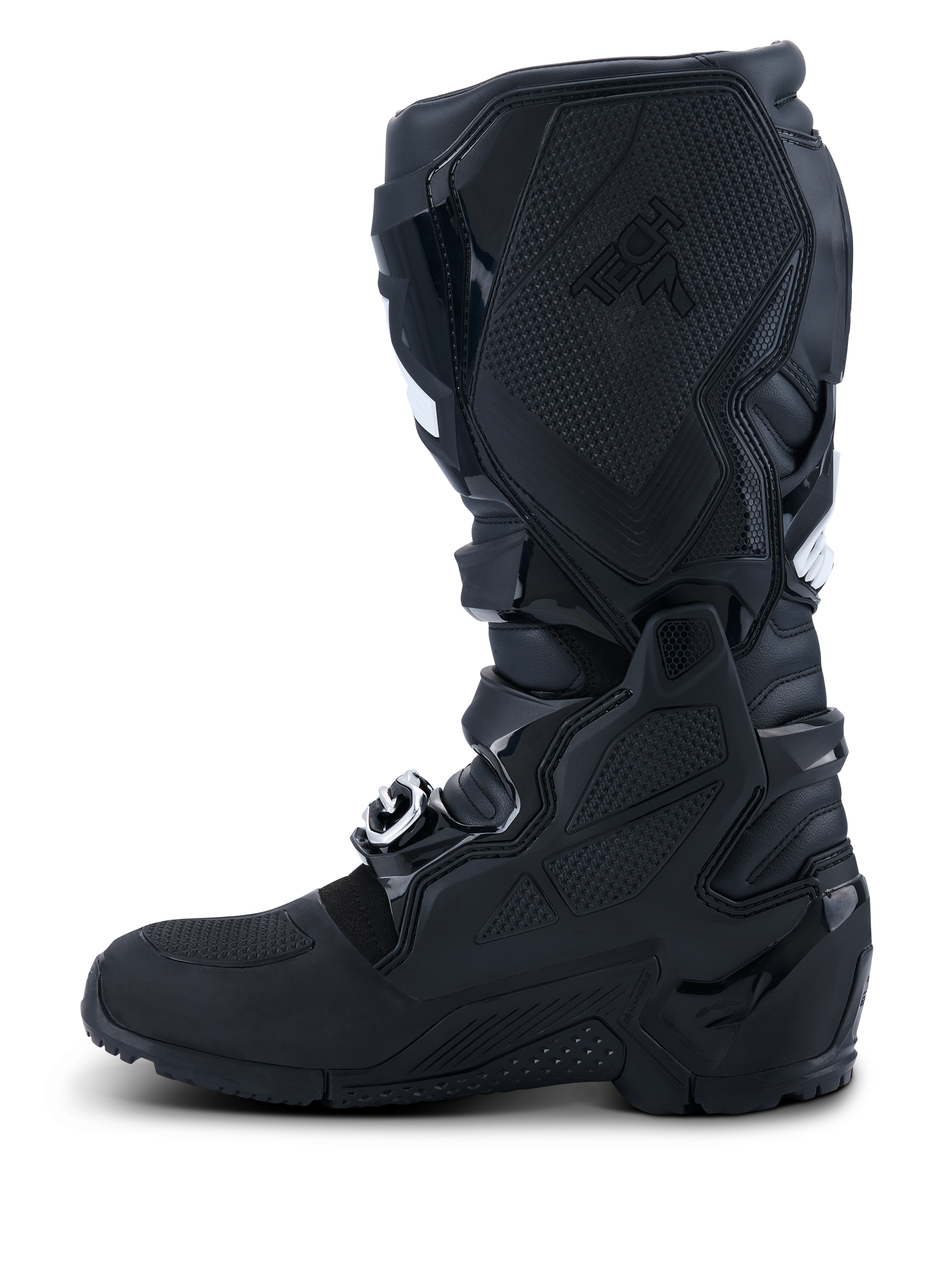 Botas Alpinestars 2026 Tech 7 Enduro Drystar®, pretas, vista de perfil lateral medial com proteção extensiva em TPU, sistema de pivô duplo e painéis de aderência texturizados especializados para controlo da moto, construção impermeável para competições de off-road e enduro